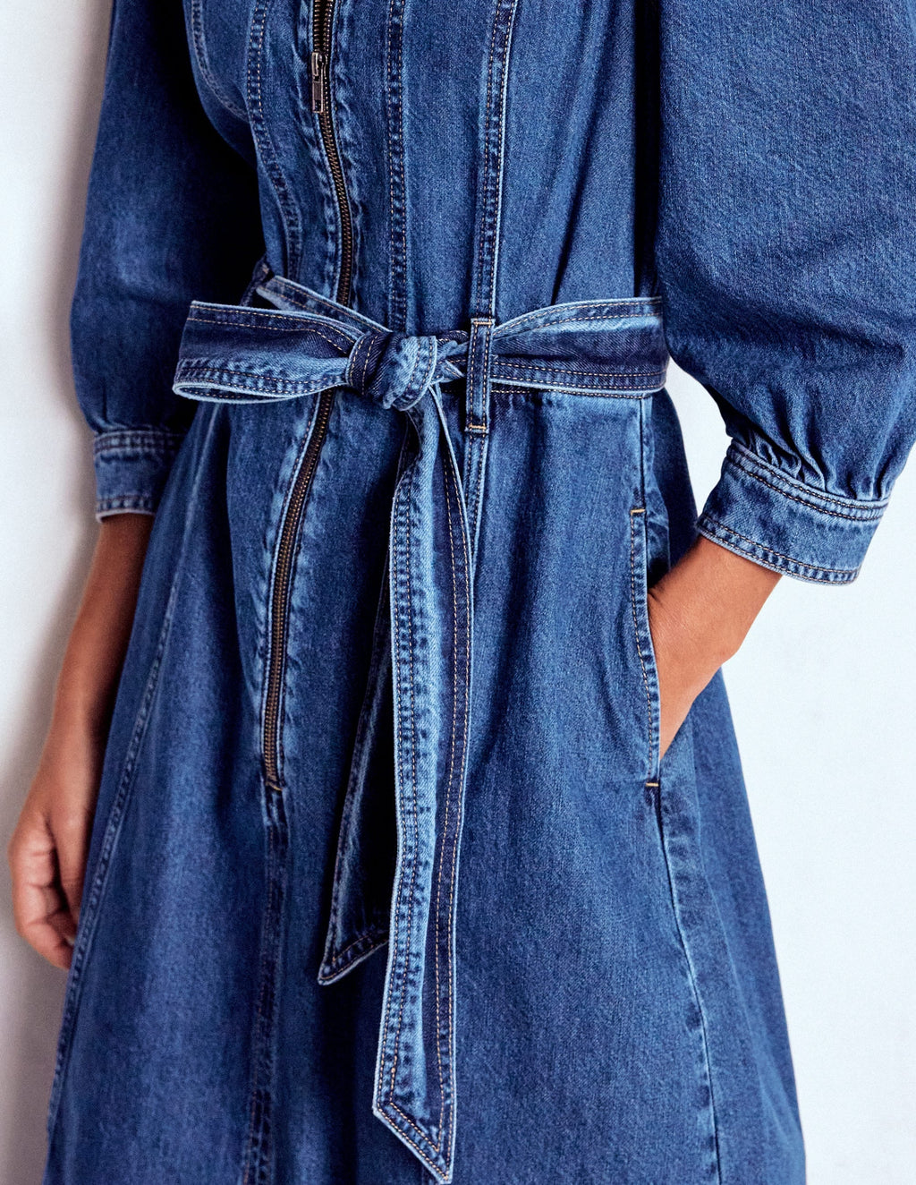 Zip Puff Sleeve Denim Dress-Dark Wash