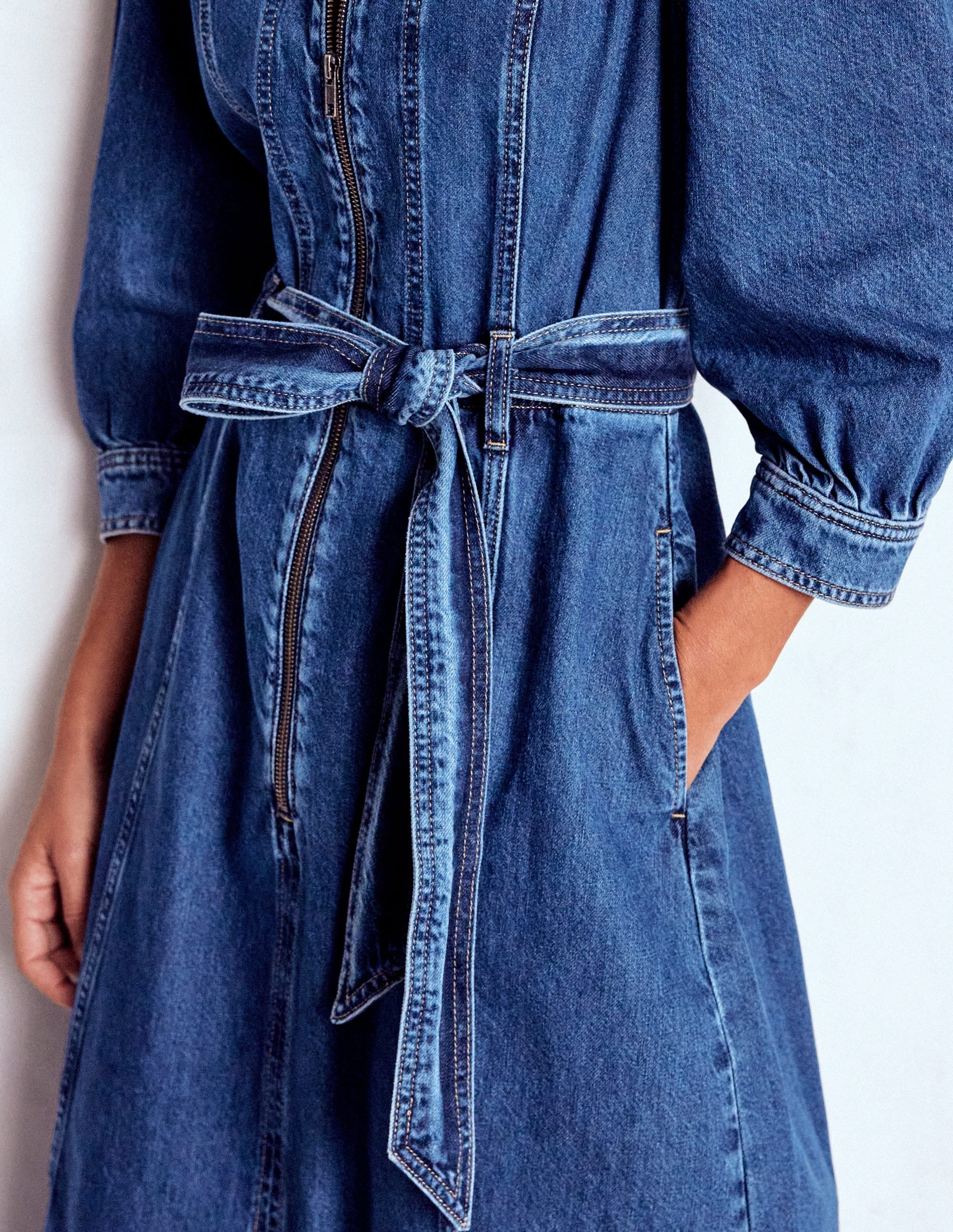 Zip Puff Sleeve Denim Dress-Dark Wash
