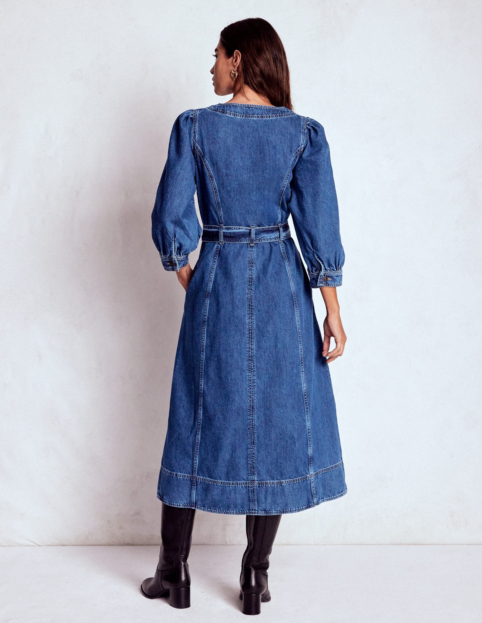 Zip Puff Sleeve Denim Dress-Dark Wash