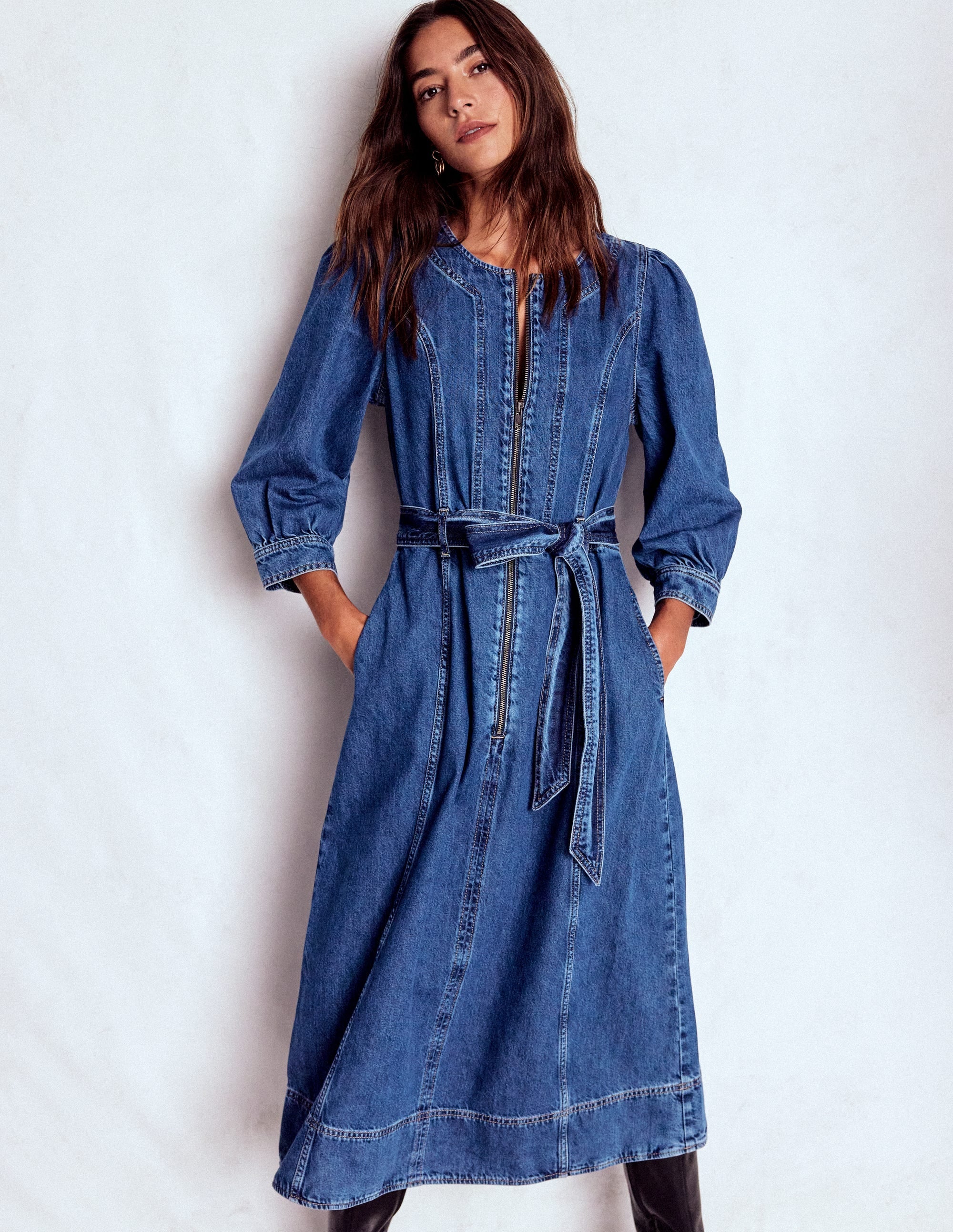 Zip Puff Sleeve Denim Dress-Dark Wash