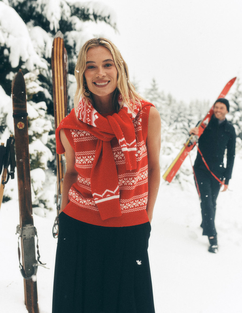 Edie Fair Isle Vest-Poppy Red, Warm Ivory