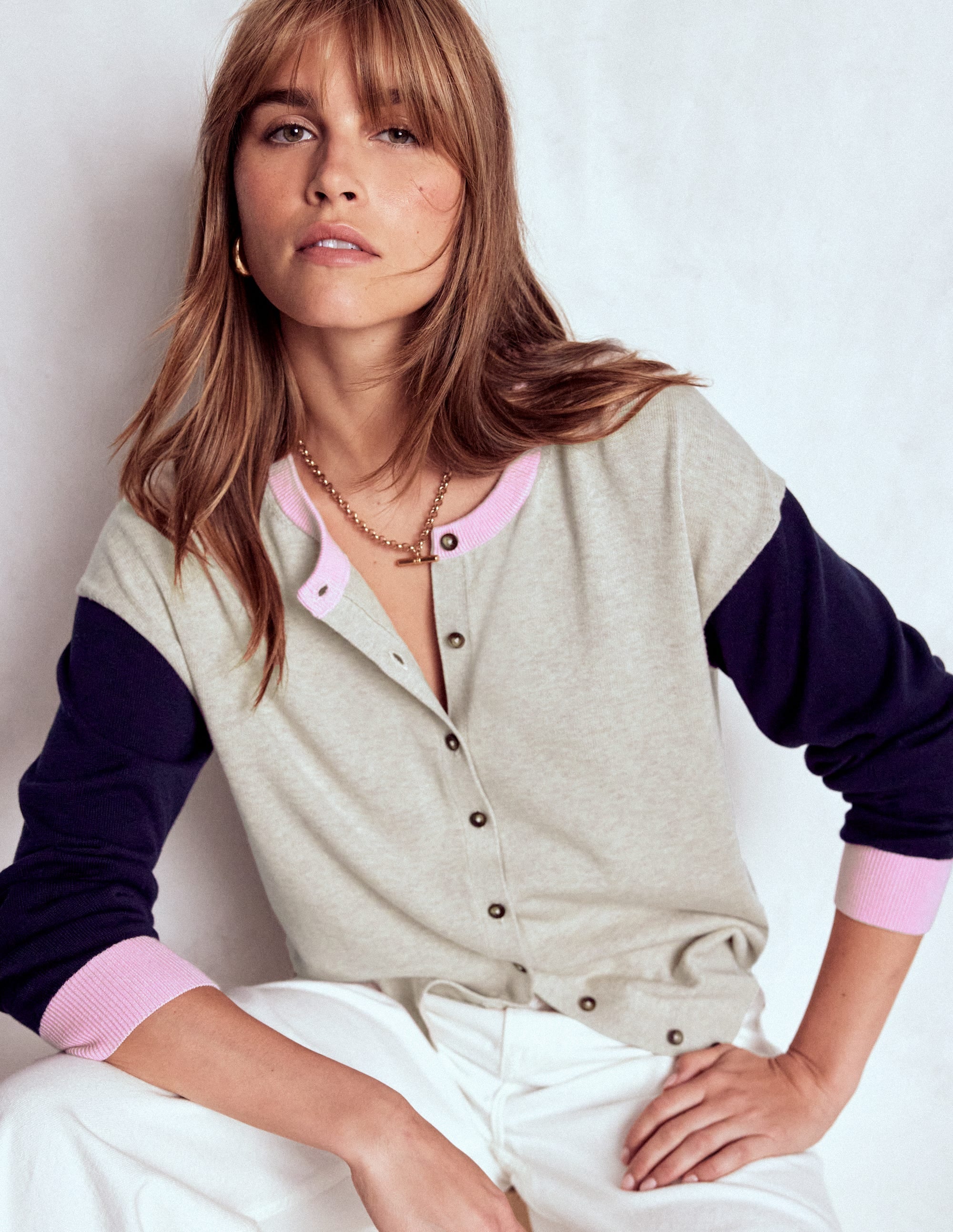 Lara Relaxed Cotton Cardigan-Oatmeal Melange, Navy