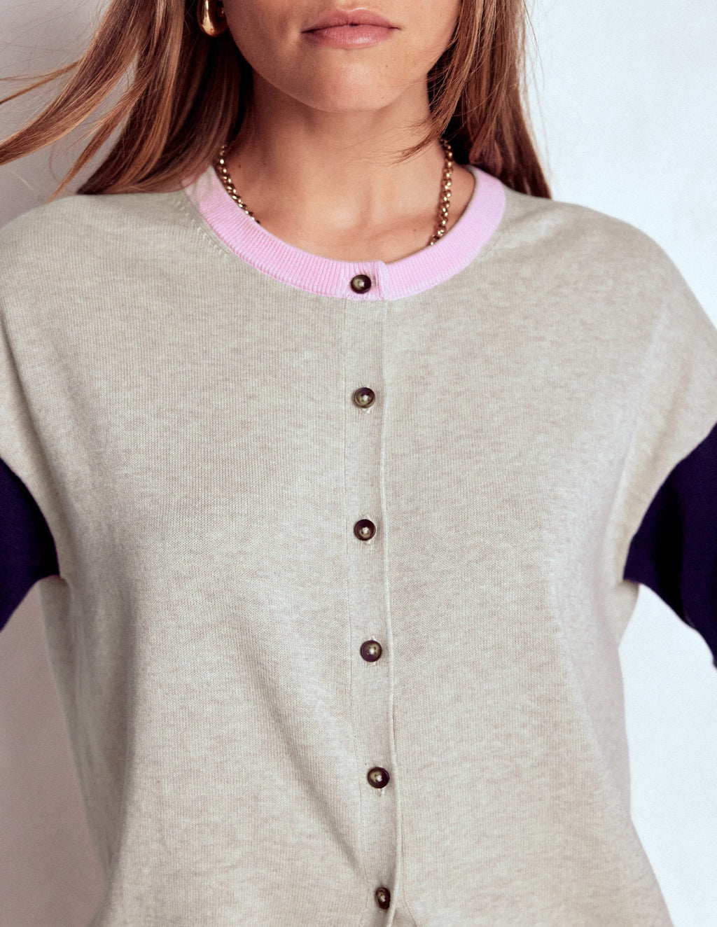 Lara Relaxed Cotton Cardigan-Oatmeal Melange, Navy