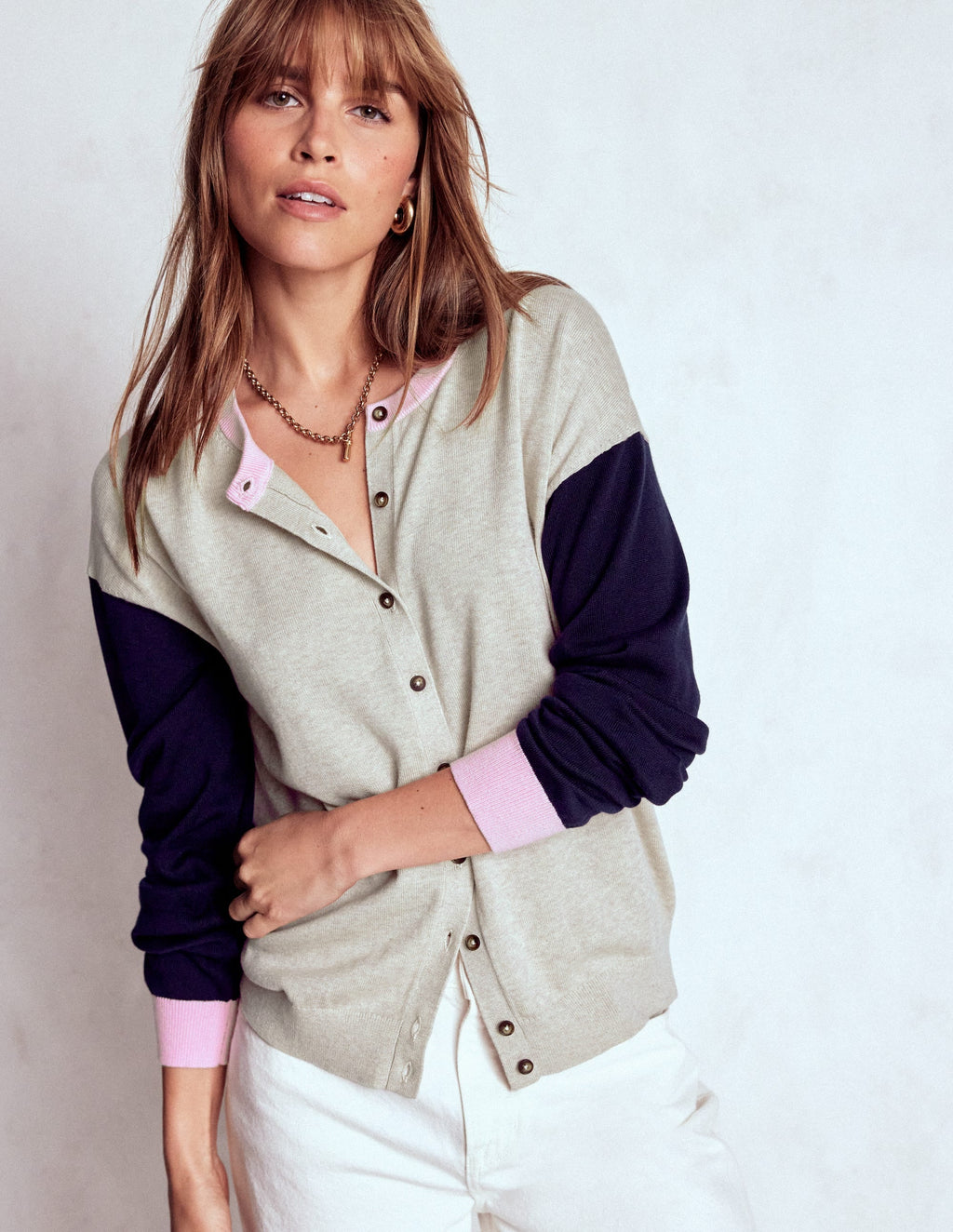 Lara Relaxed Cotton Cardigan-Oatmeal Melange, Navy
