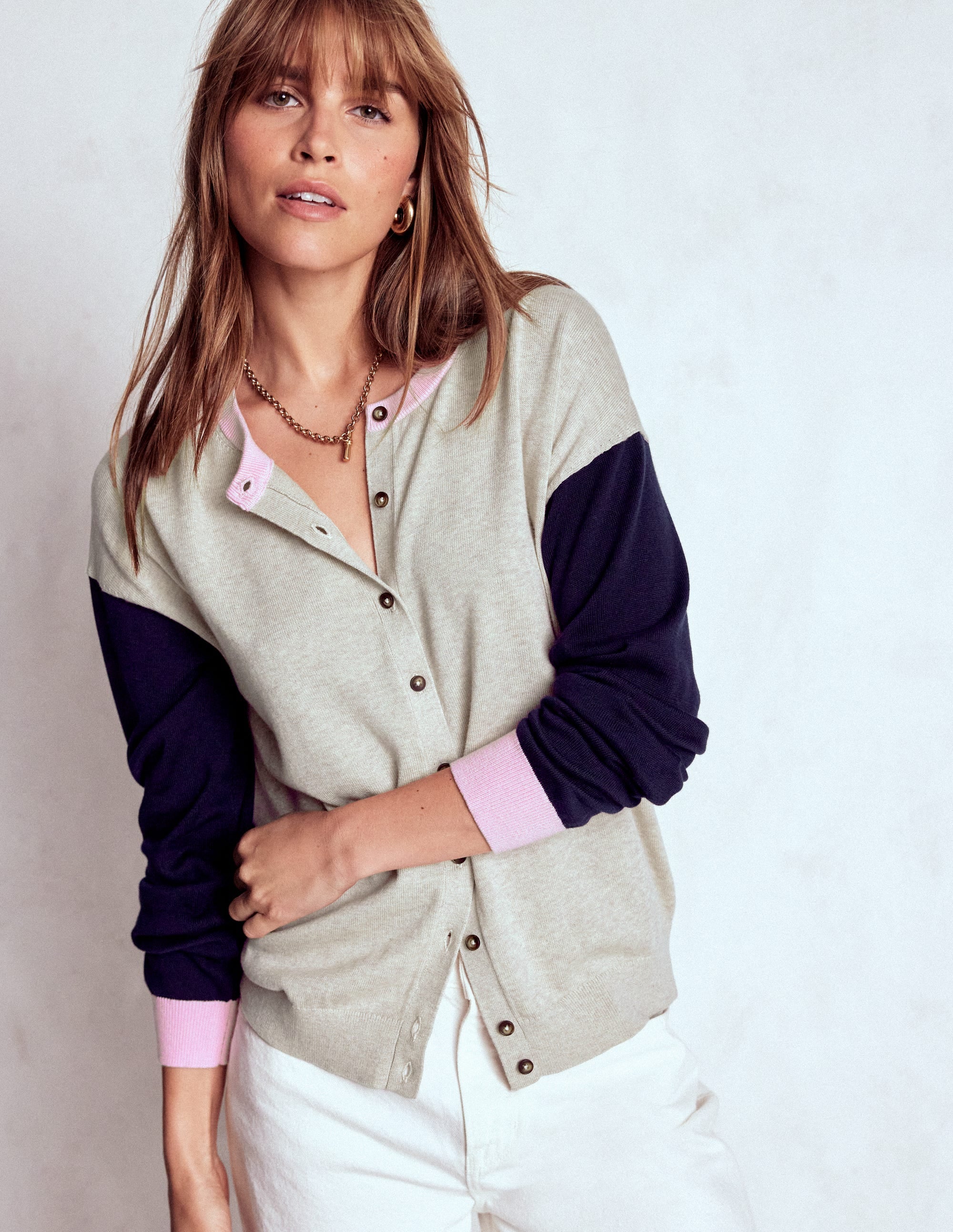 Lara Relaxed Cotton Cardigan-Oatmeal Melange, Navy