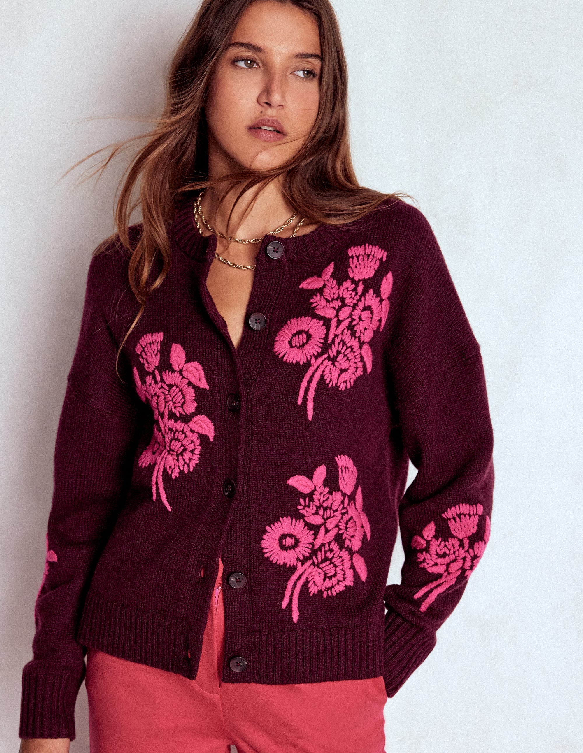 Natalie Embroidered Cardigan-Dark Cherry Bouquet
