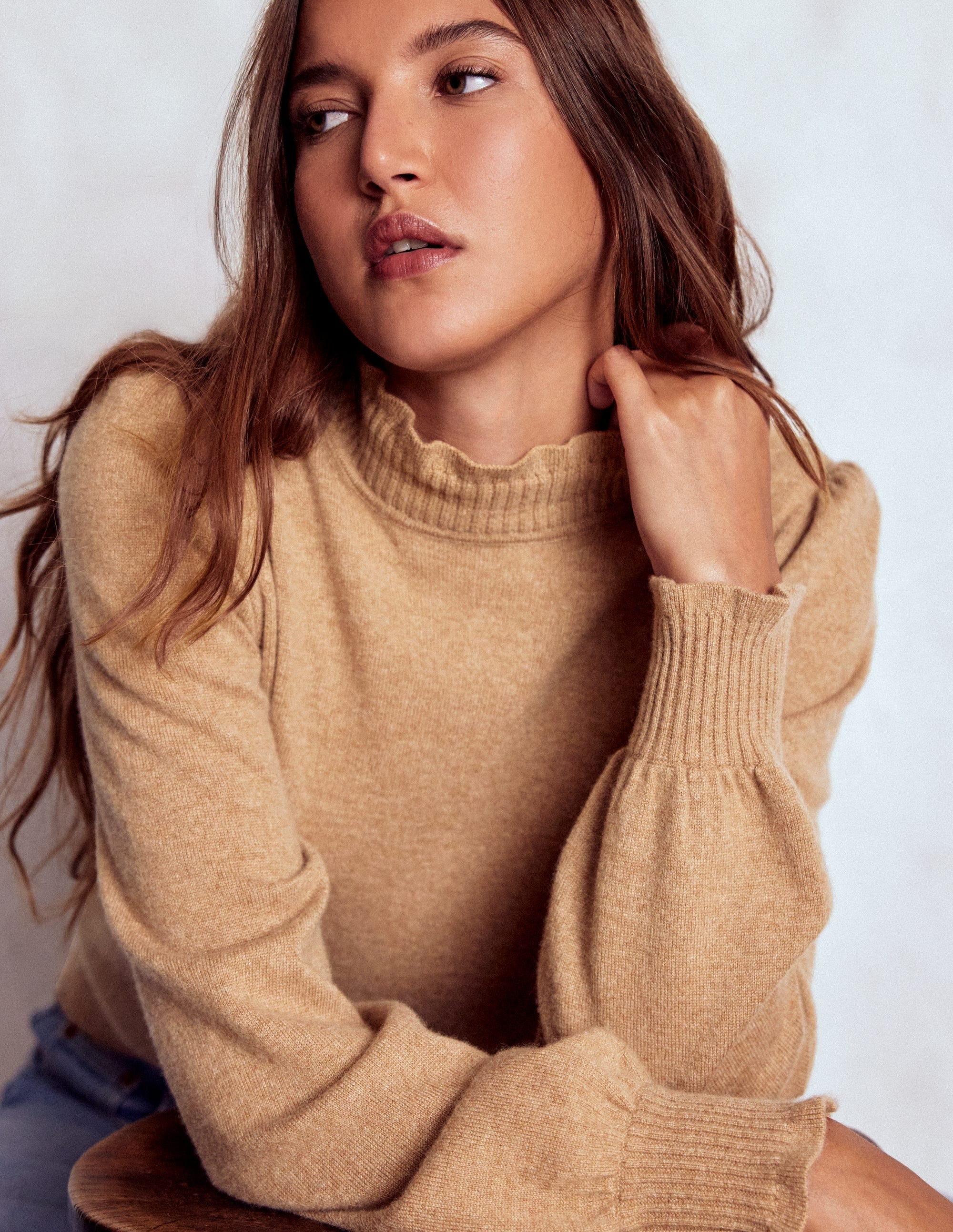 Frill Trim Cashmere Sweater-Camel Melange