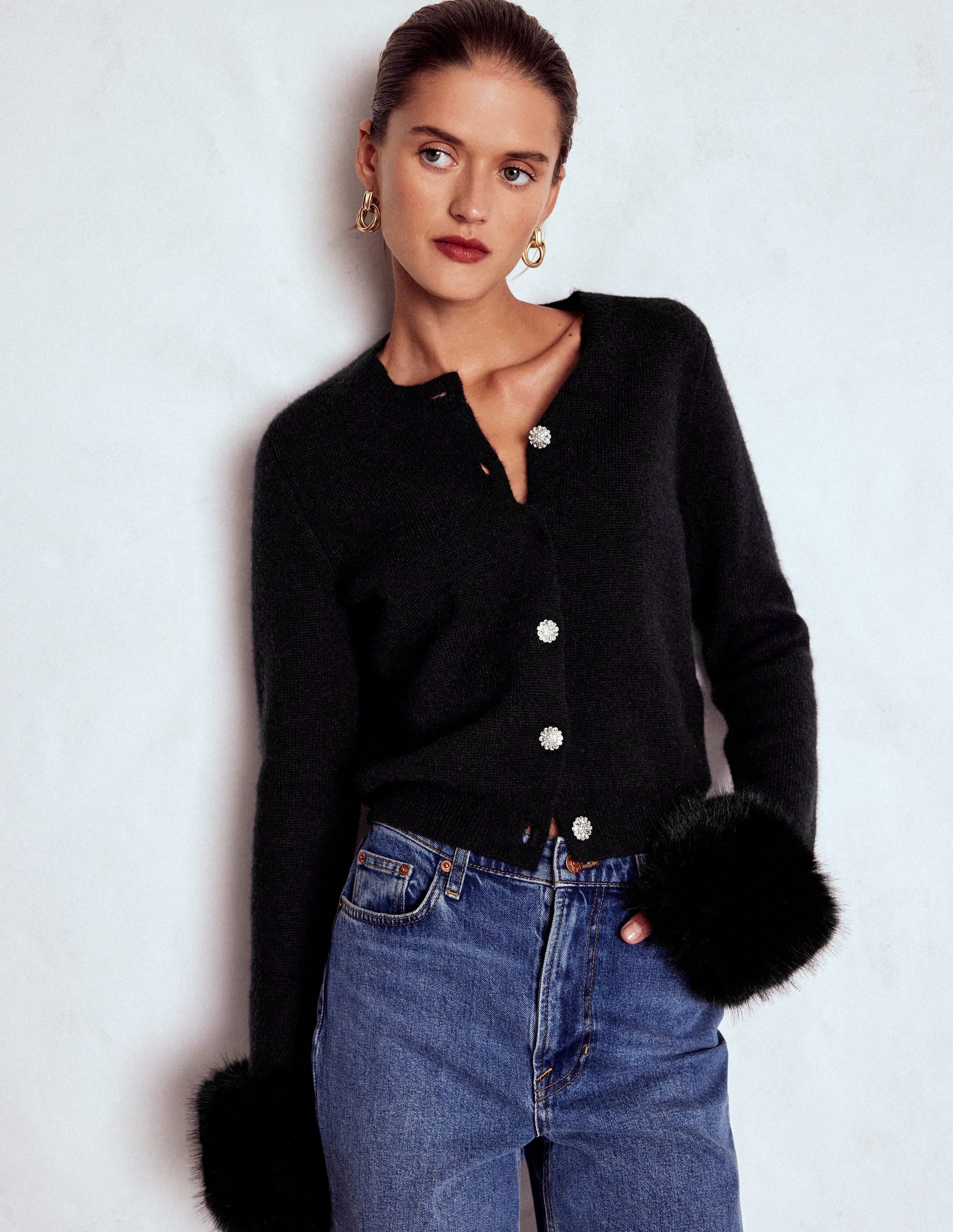 Fur Trim Cardigan-Black