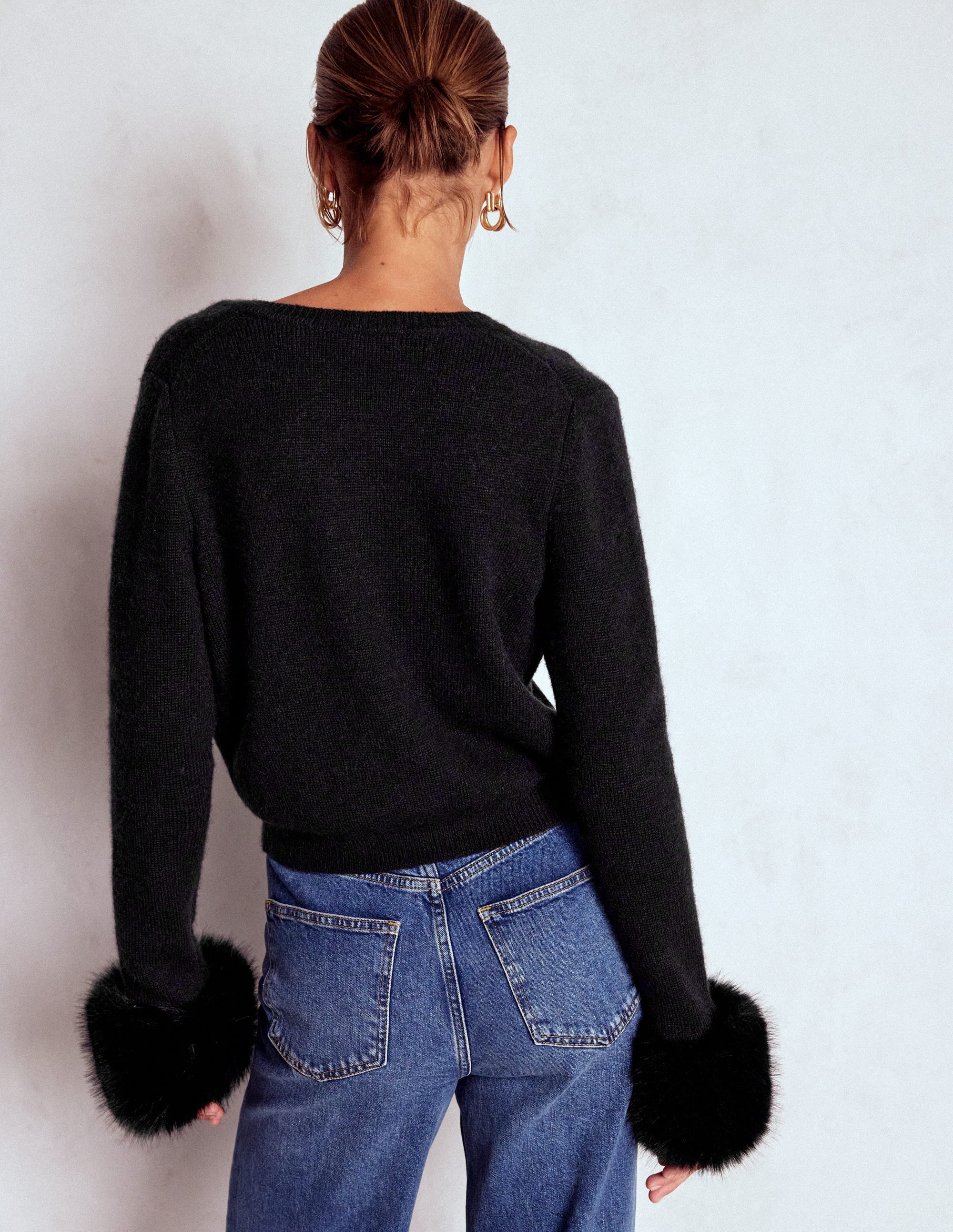 Fur Trim Cardigan-Black