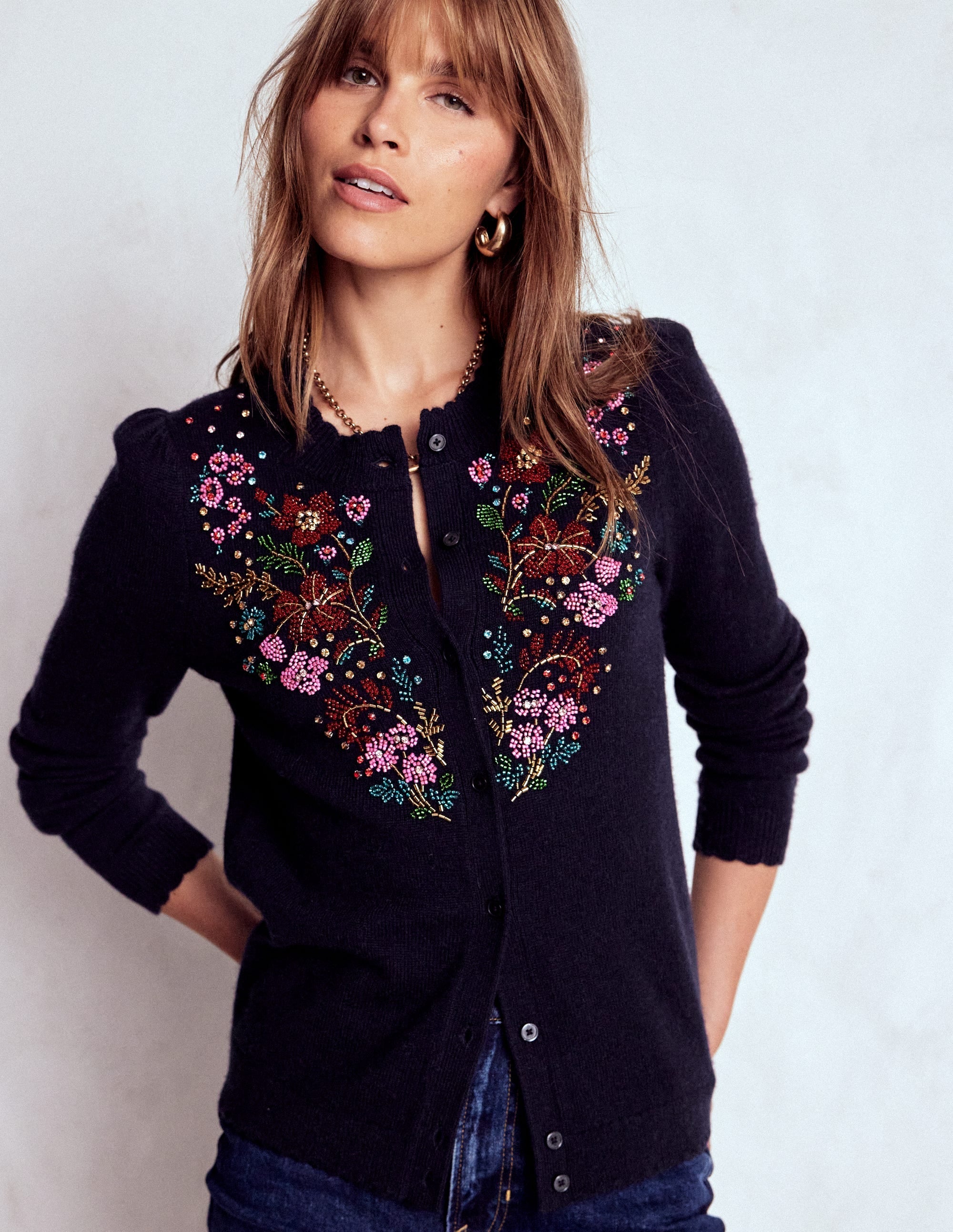 Elizabeth Embellished Cardigan-Navy, Floral Embellishment
