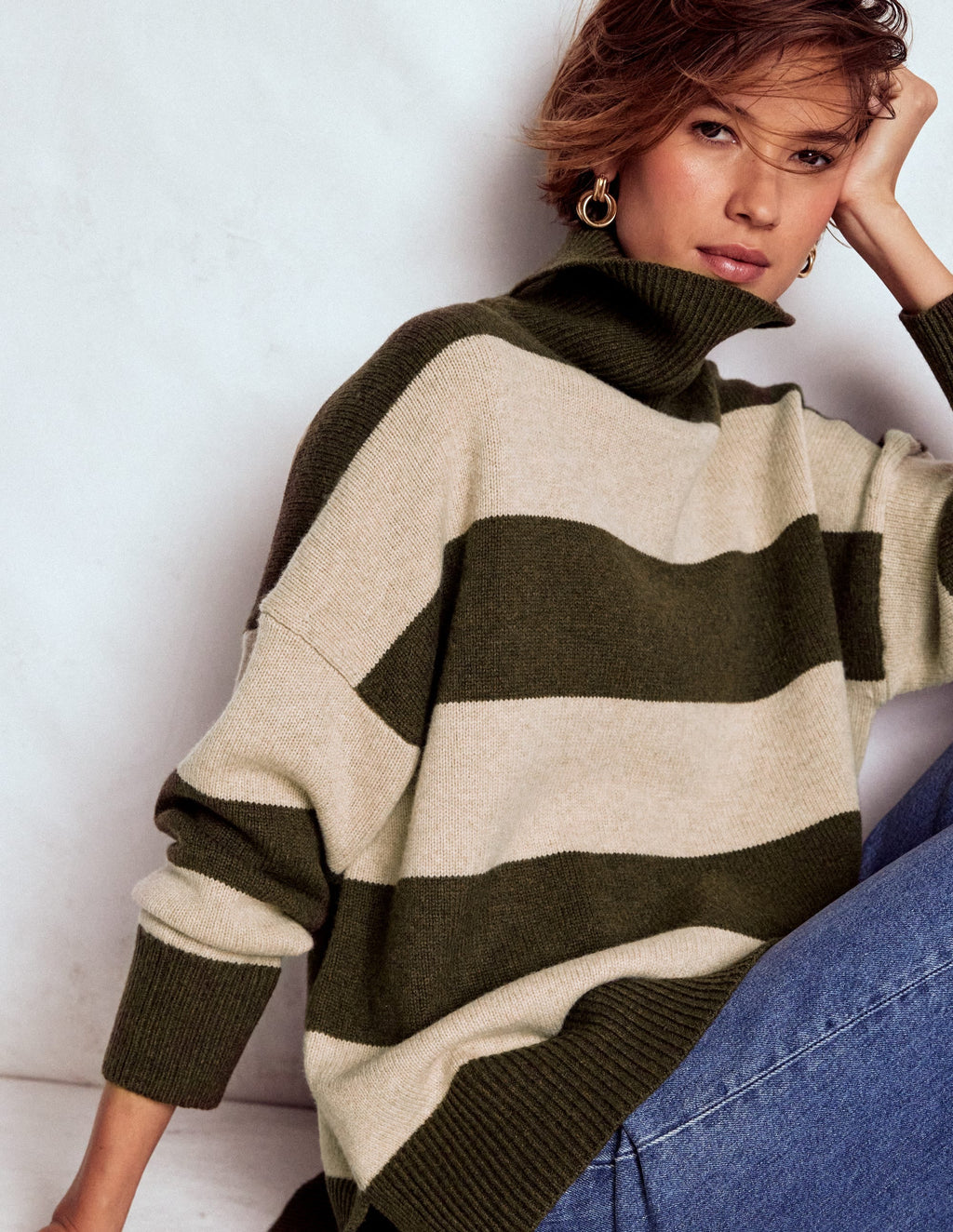 Polly Merino Roll Neck Sweater-Marsh, Linen Stripe