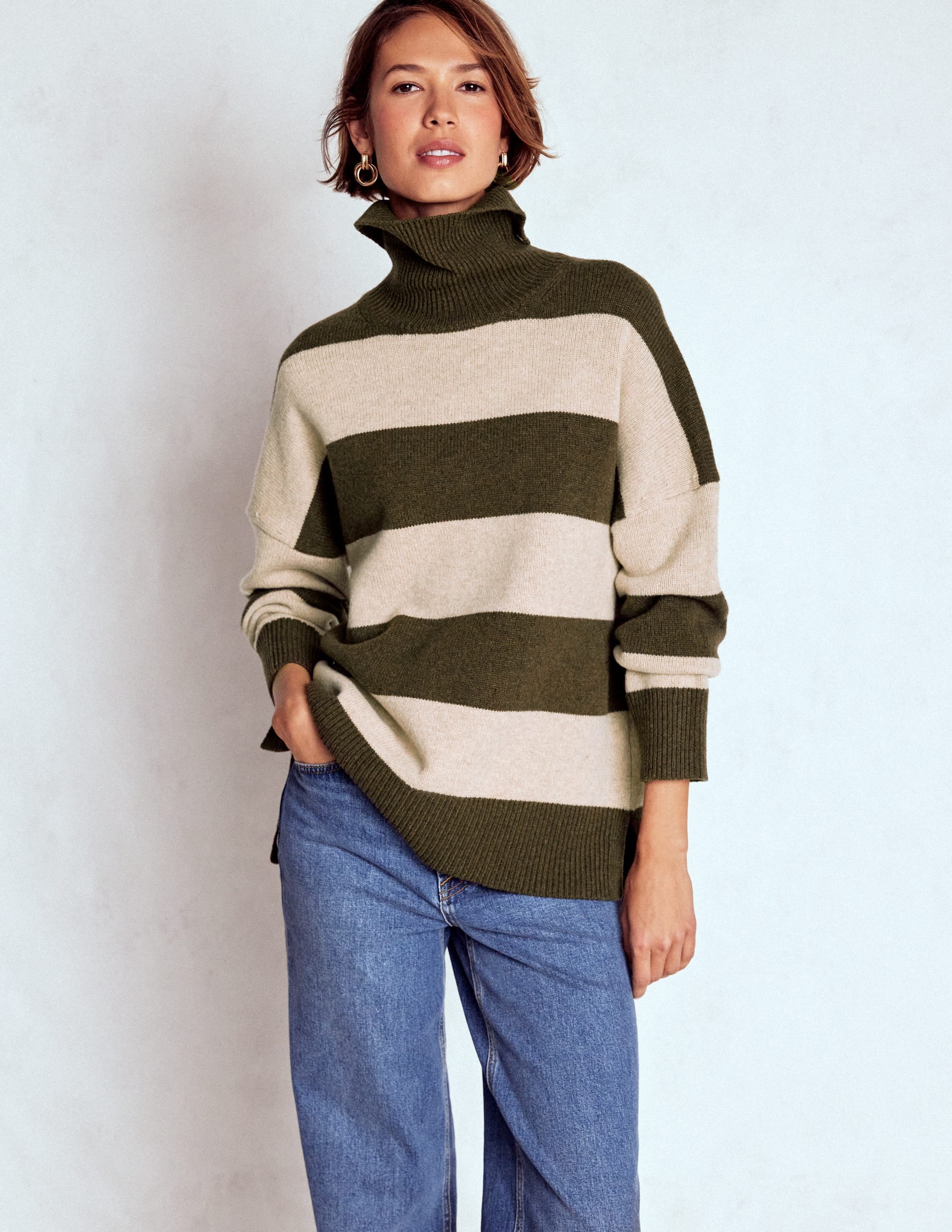 Polly Merino Roll Neck Sweater-Marsh, Linen Stripe