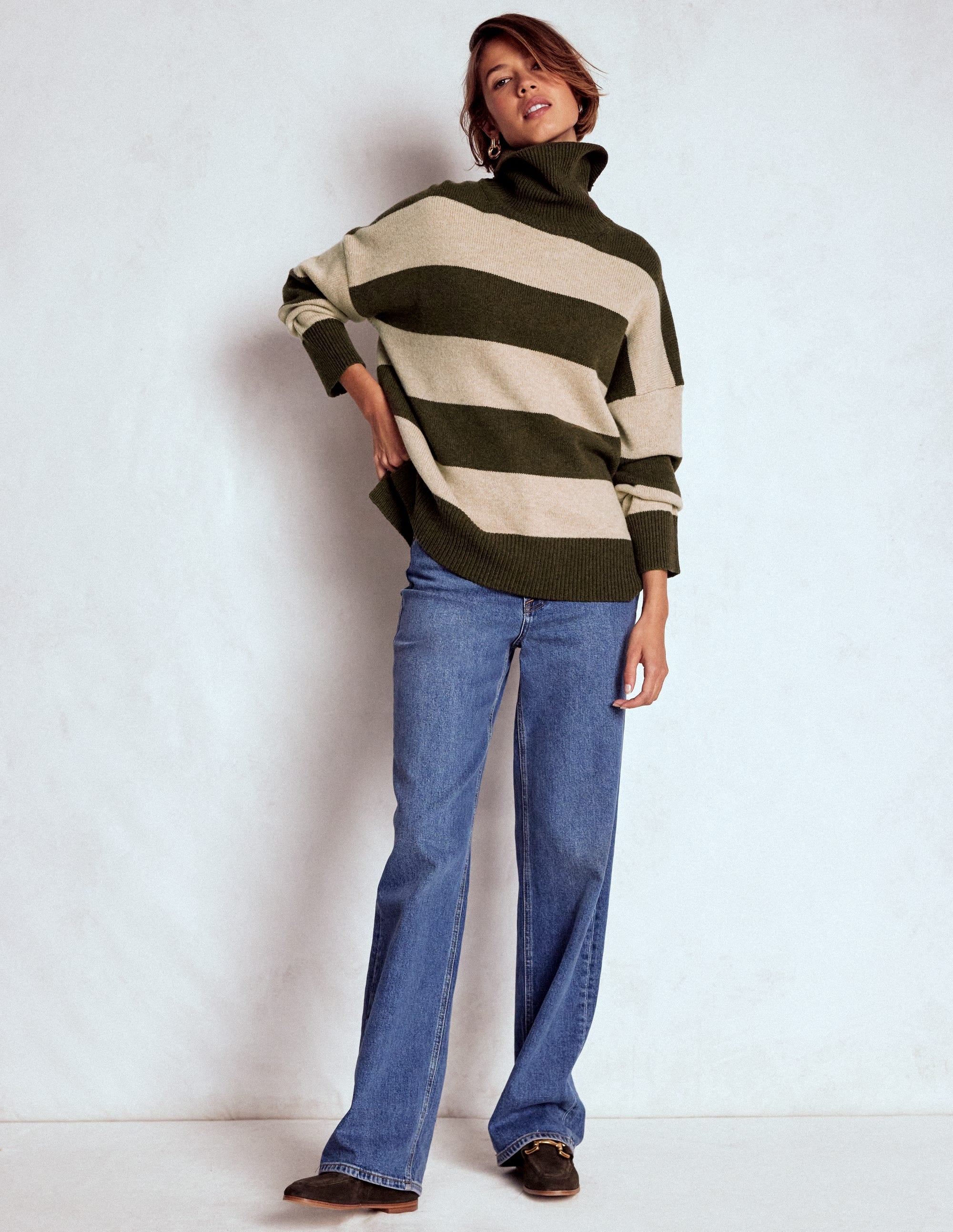 Polly Merino Roll Neck Sweater-Marsh, Linen Stripe