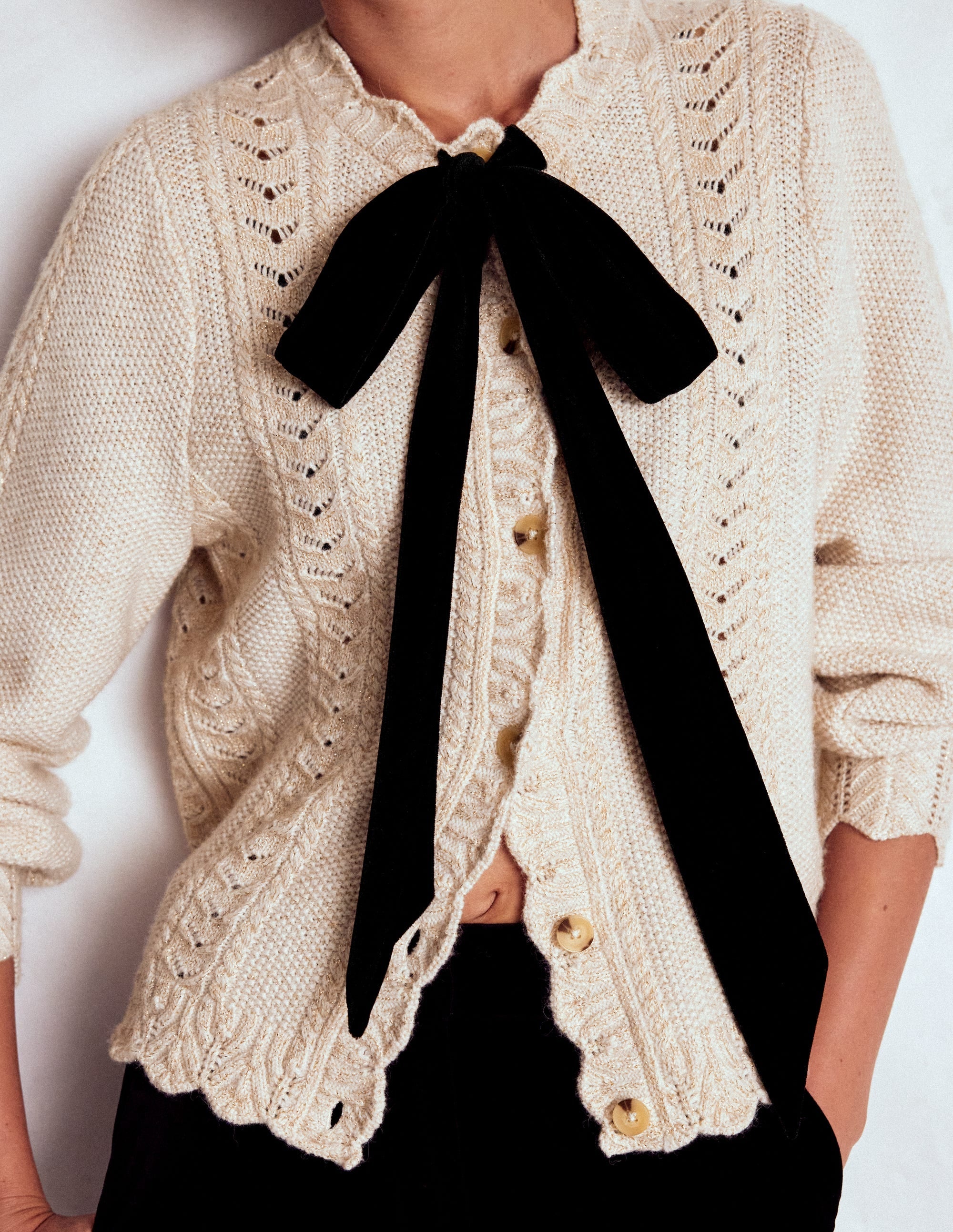 Velvet Bow Cable Cardigan-Gold Sparkle