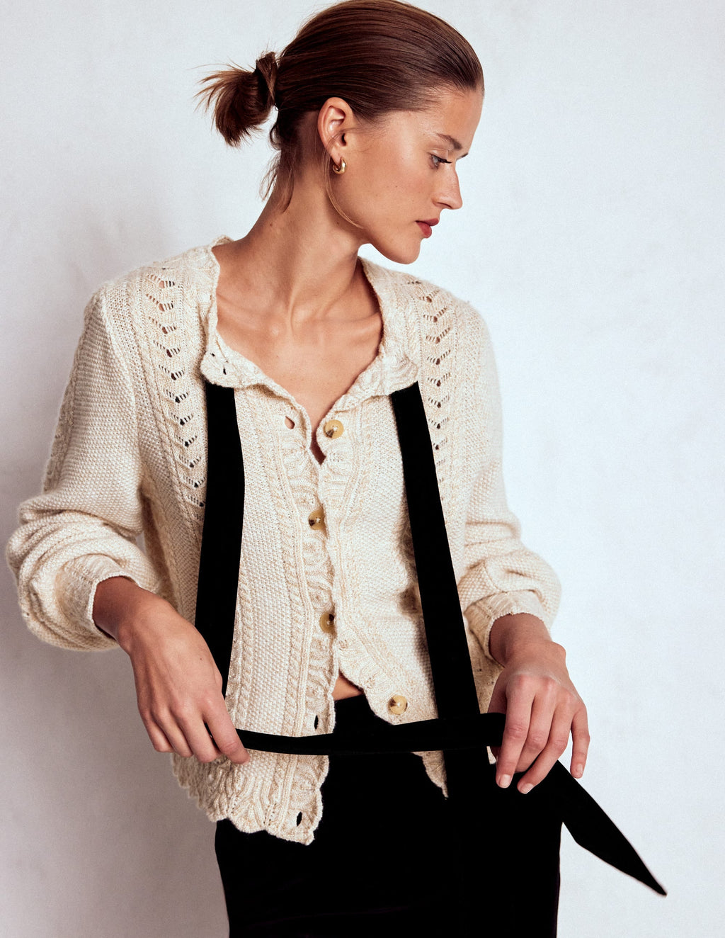 Velvet Bow Cable Cardigan-Gold Sparkle