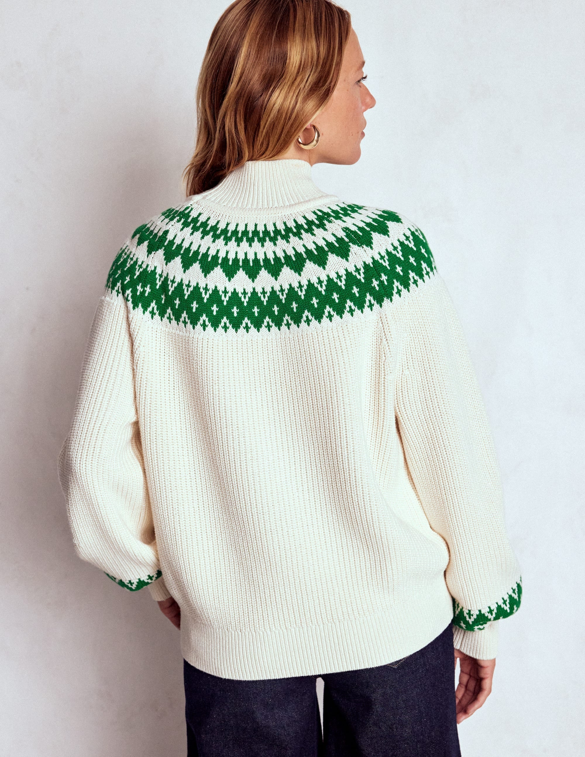 Bianca Cotton Ribbed Sweater-Warm Ivory Fair Isle