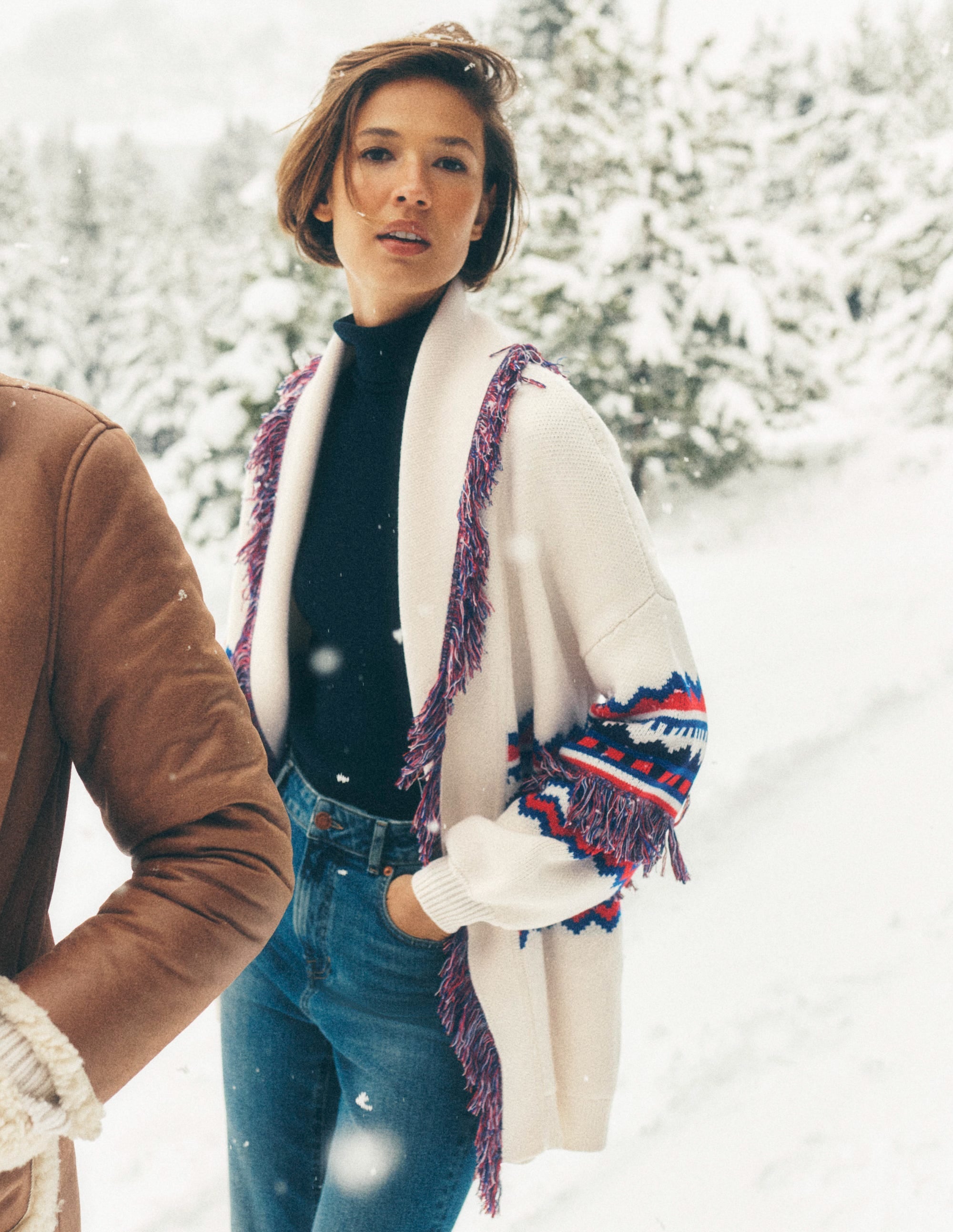 Fringed Jacquard Cardigan-Warm Ivory Melange