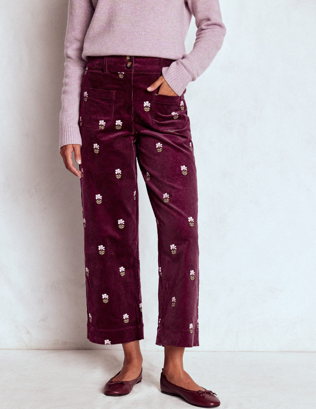 Primrose Cord Pants-Dark Cherry Embroidery