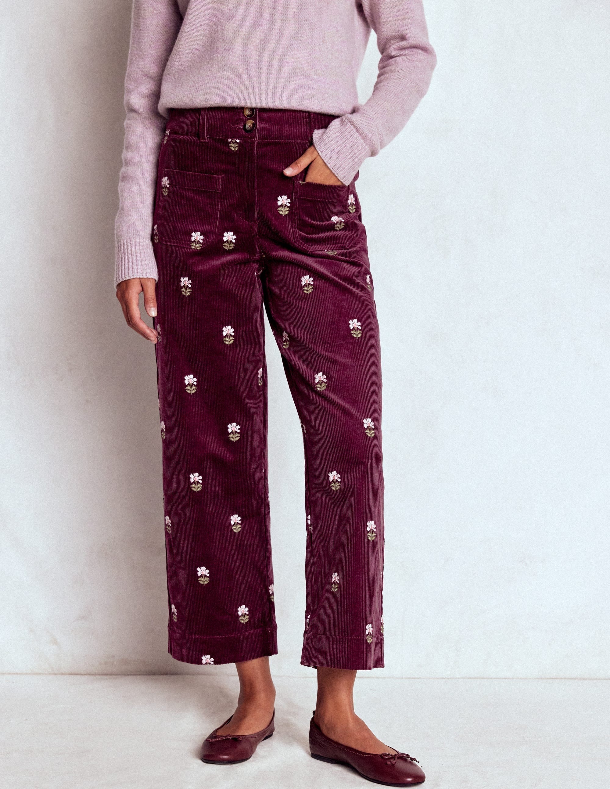 Primrose Cord Pants-Dark Cherry Embroidery