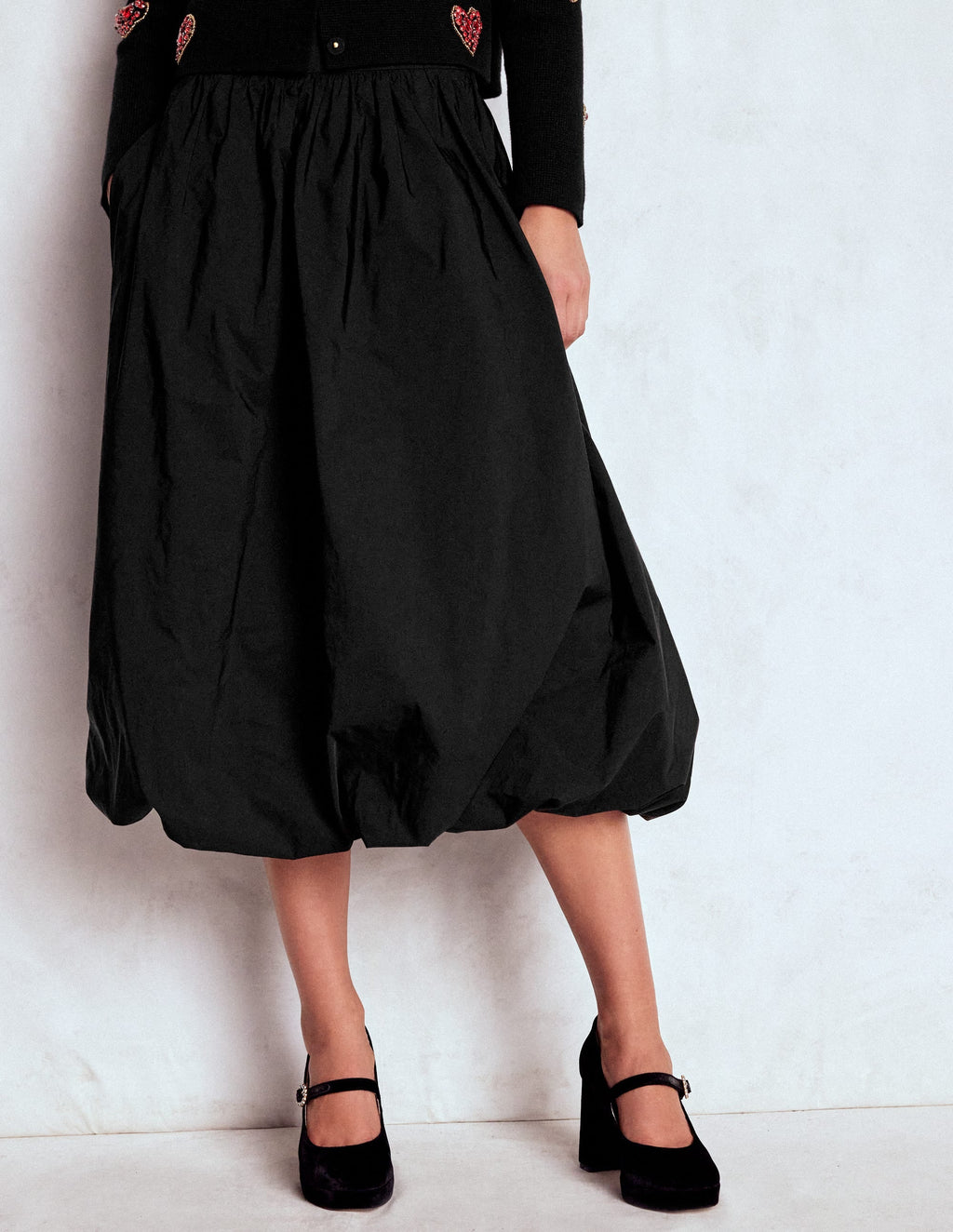 Bubble Hem Midi Skirt-Black