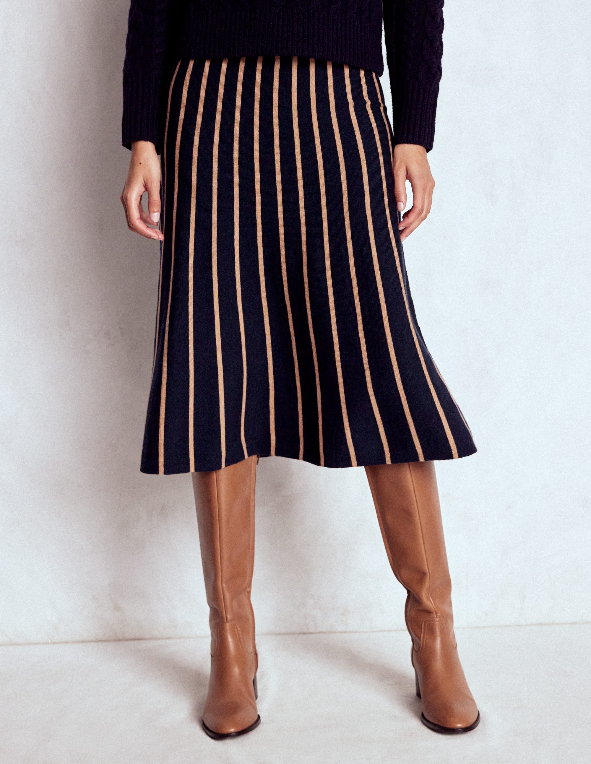 Liz Knitted Midi Skirt-Navy and Camel Stripe