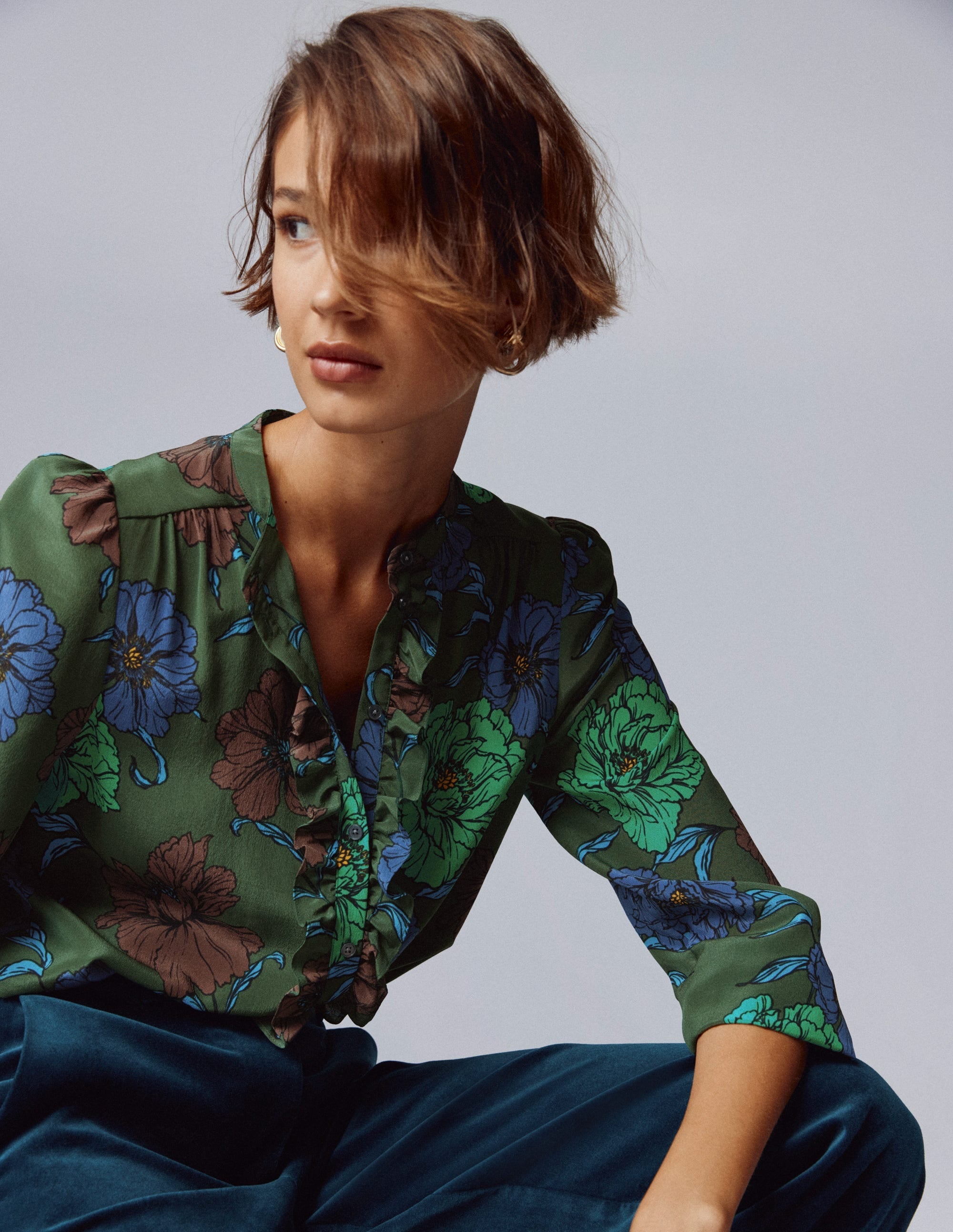 Alice Frill Front Silk Top-Green, Peony Bloom