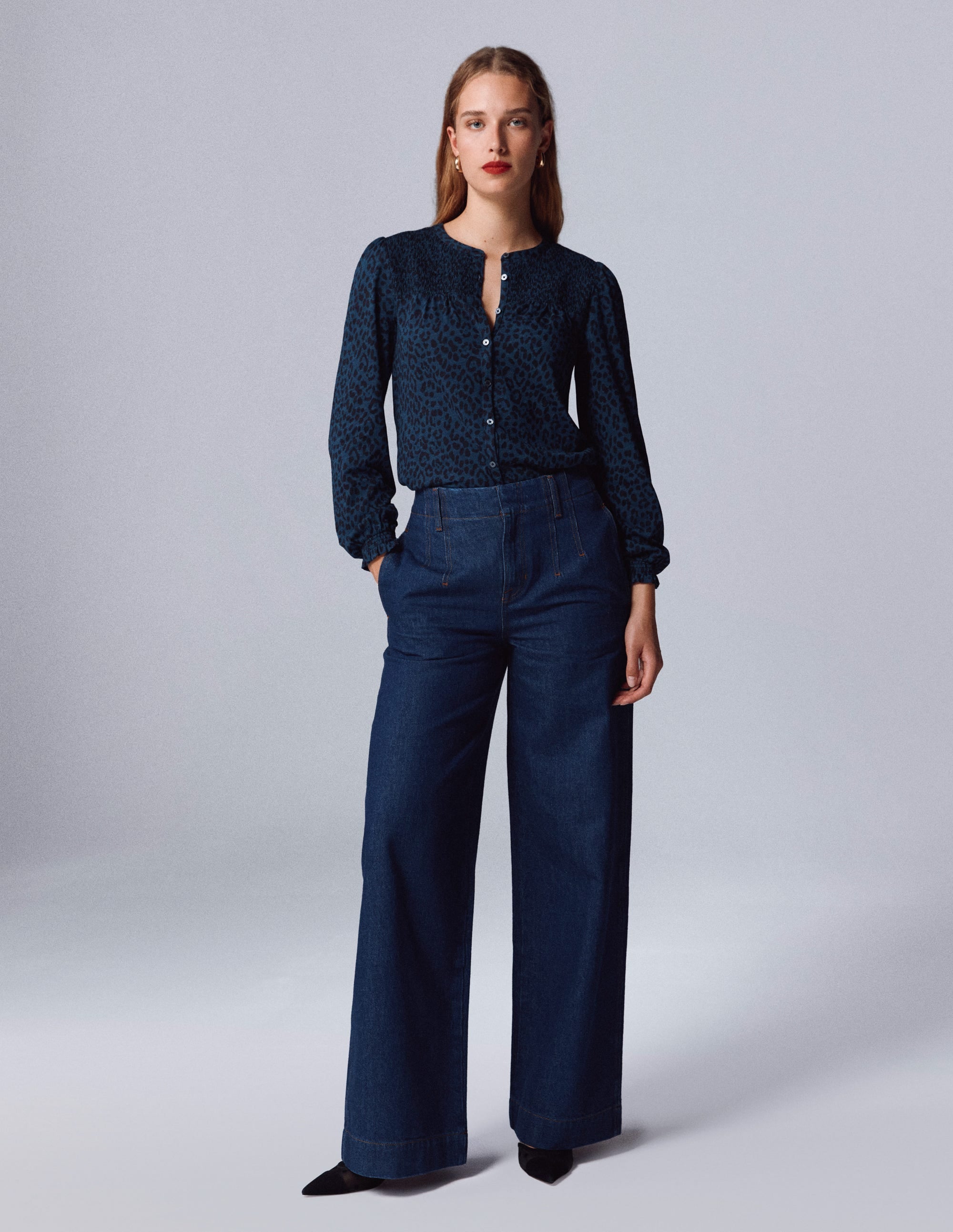 Elsa Smocked Yoke Jersey Shirt-Teal Leopard