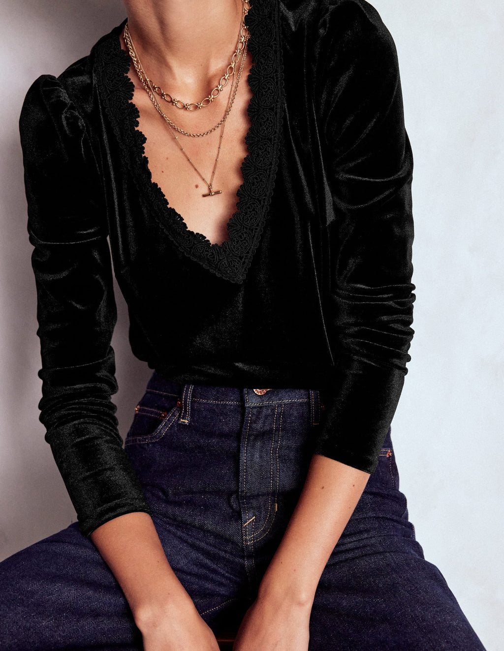 Flora V-Neck Velvet Top-Black