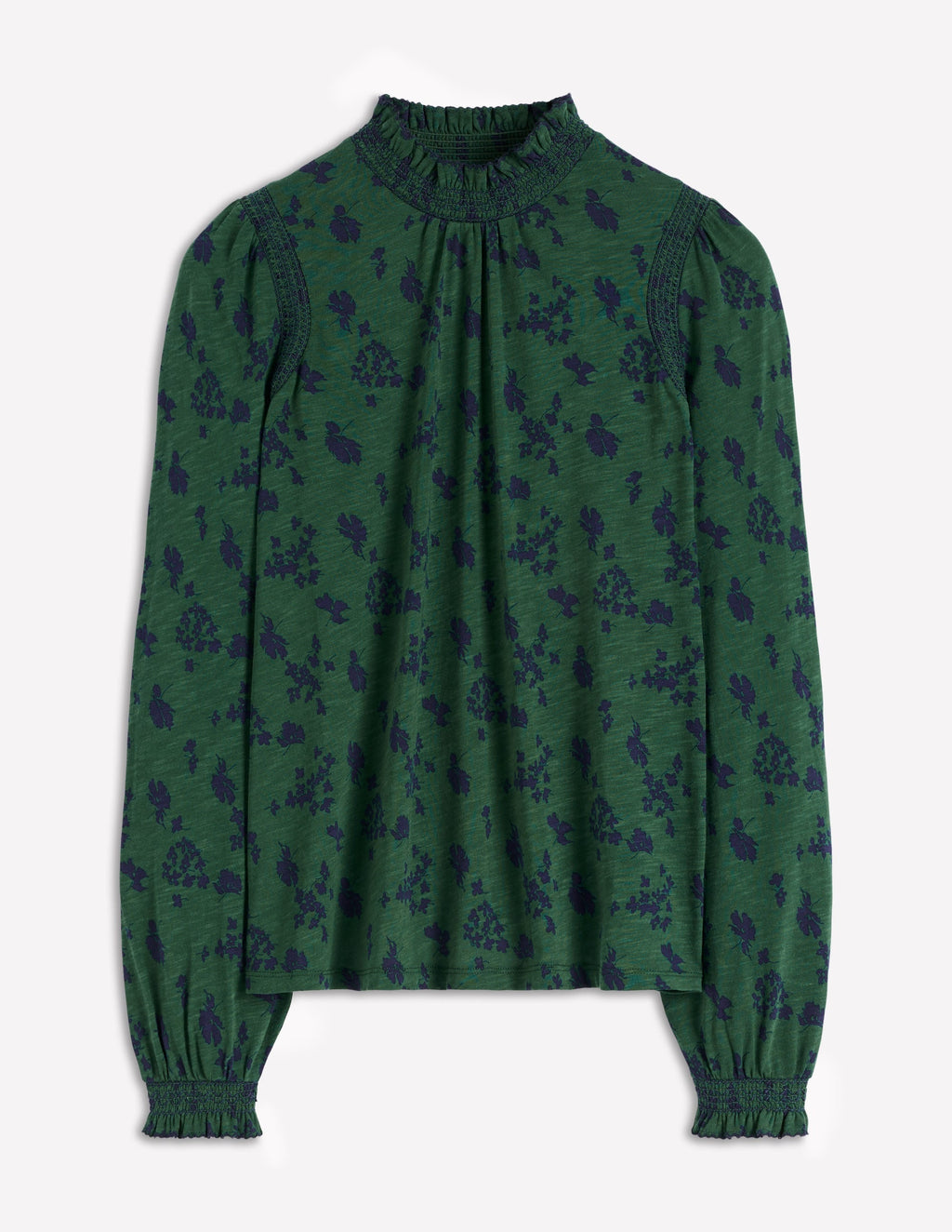 Tia Smocked Neck Jersey Top-Dark Green, Dainty Meadow