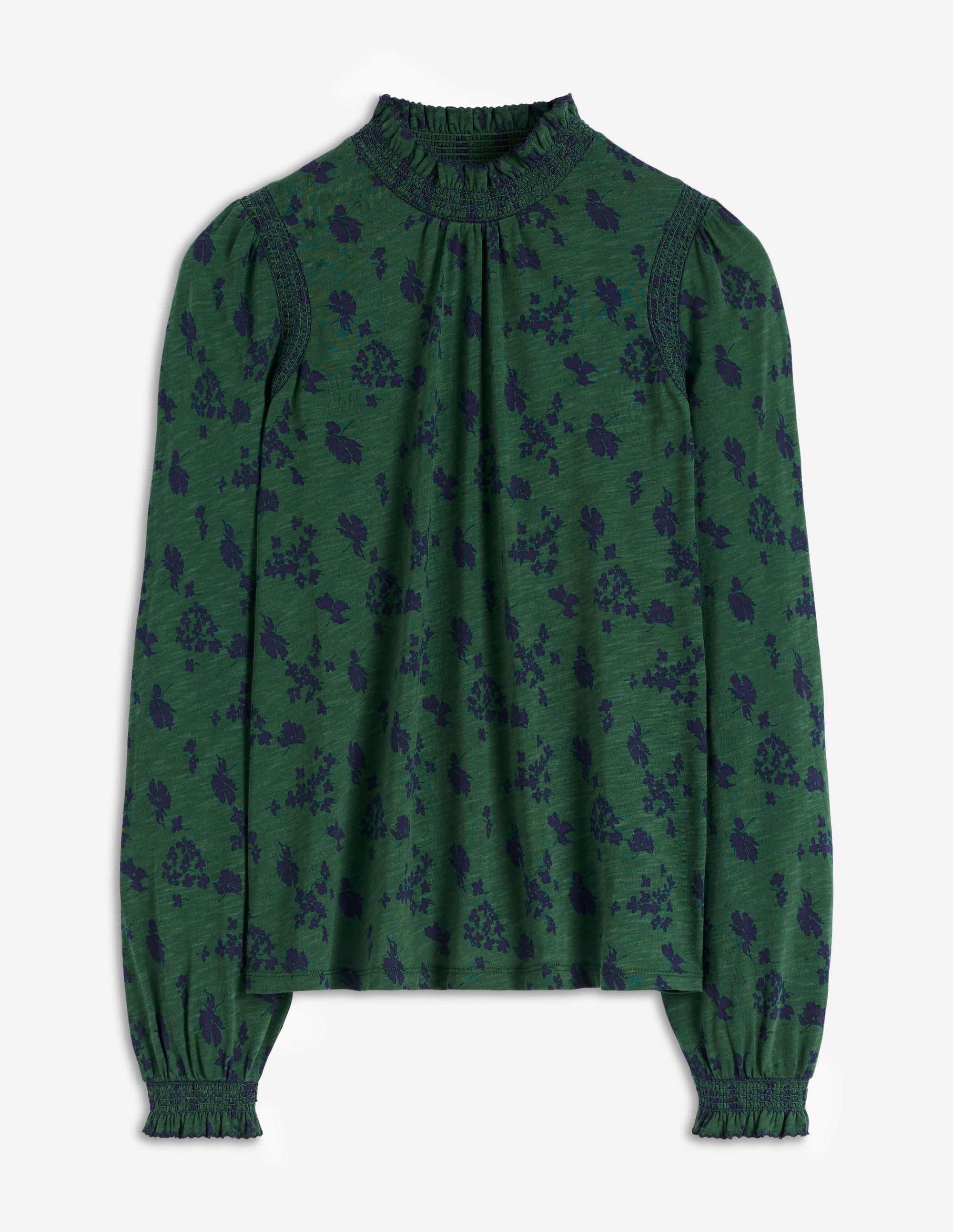 Tia Smocked Neck Jersey Top-Dark Green, Dainty Meadow