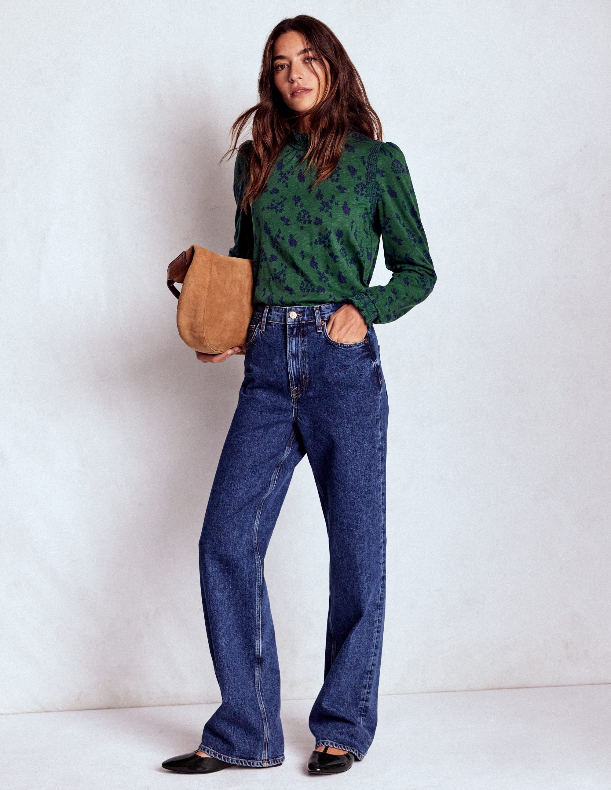 Tia Smocked Neck Jersey Top-Dark Green, Dainty Meadow