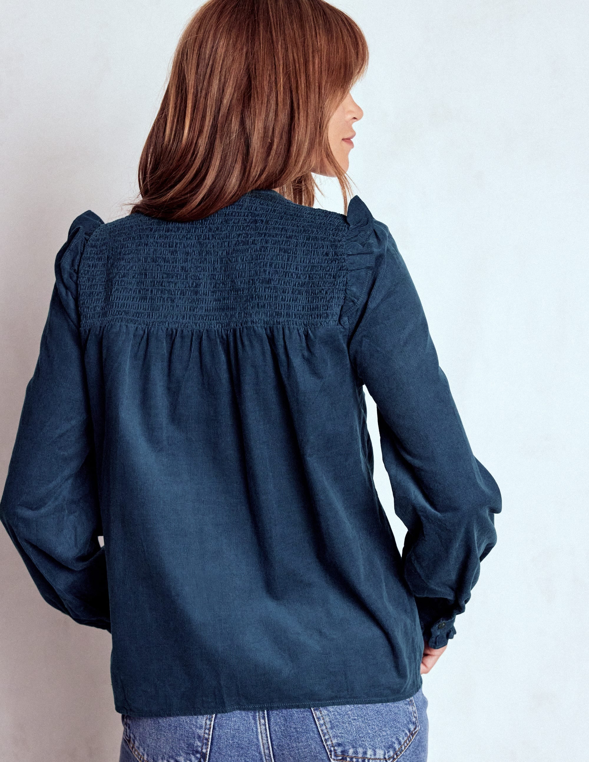 Smocked Yoke Cord Top-Midnight Ocean