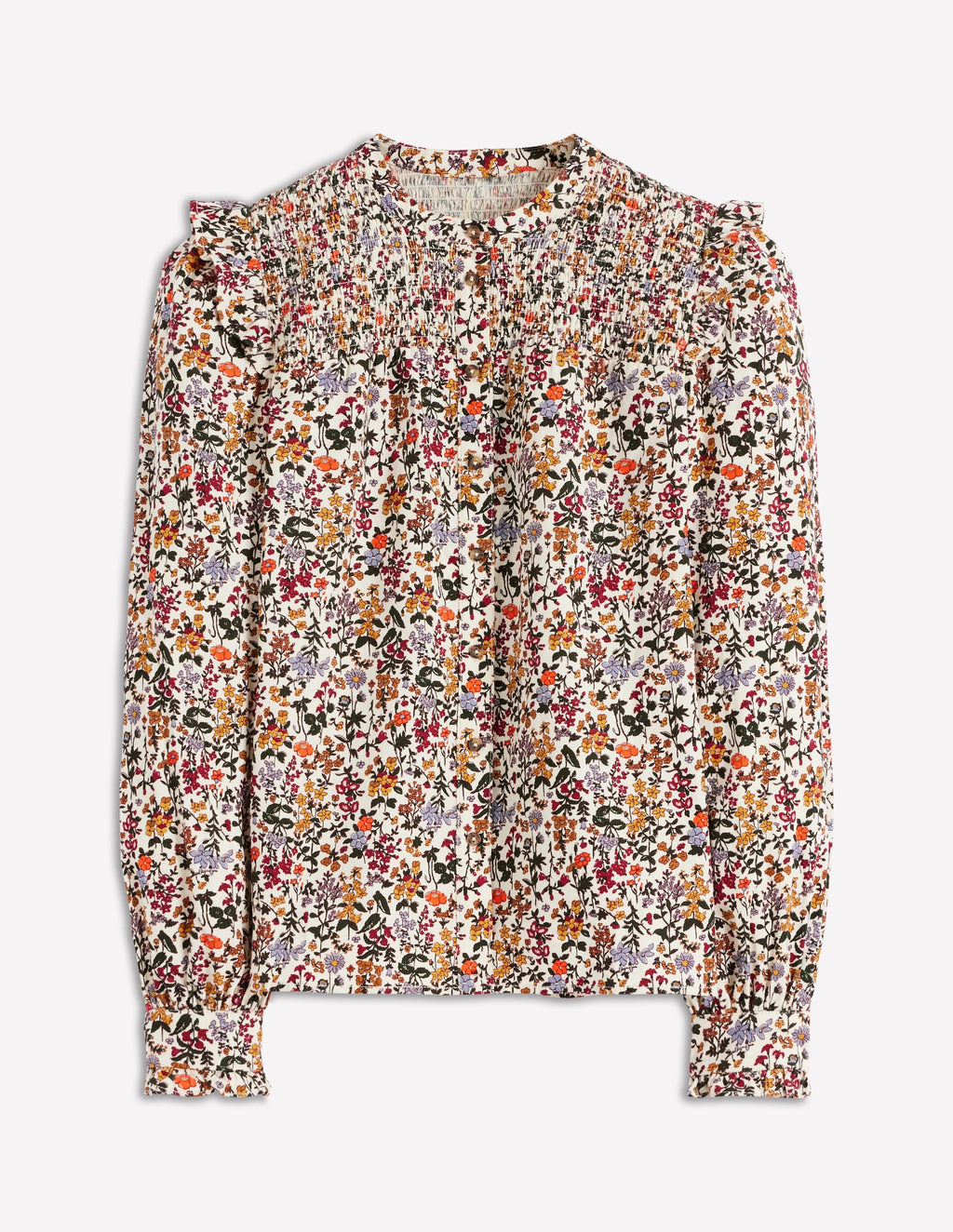 Smocked Yoke Cord Top-Ivory Floral