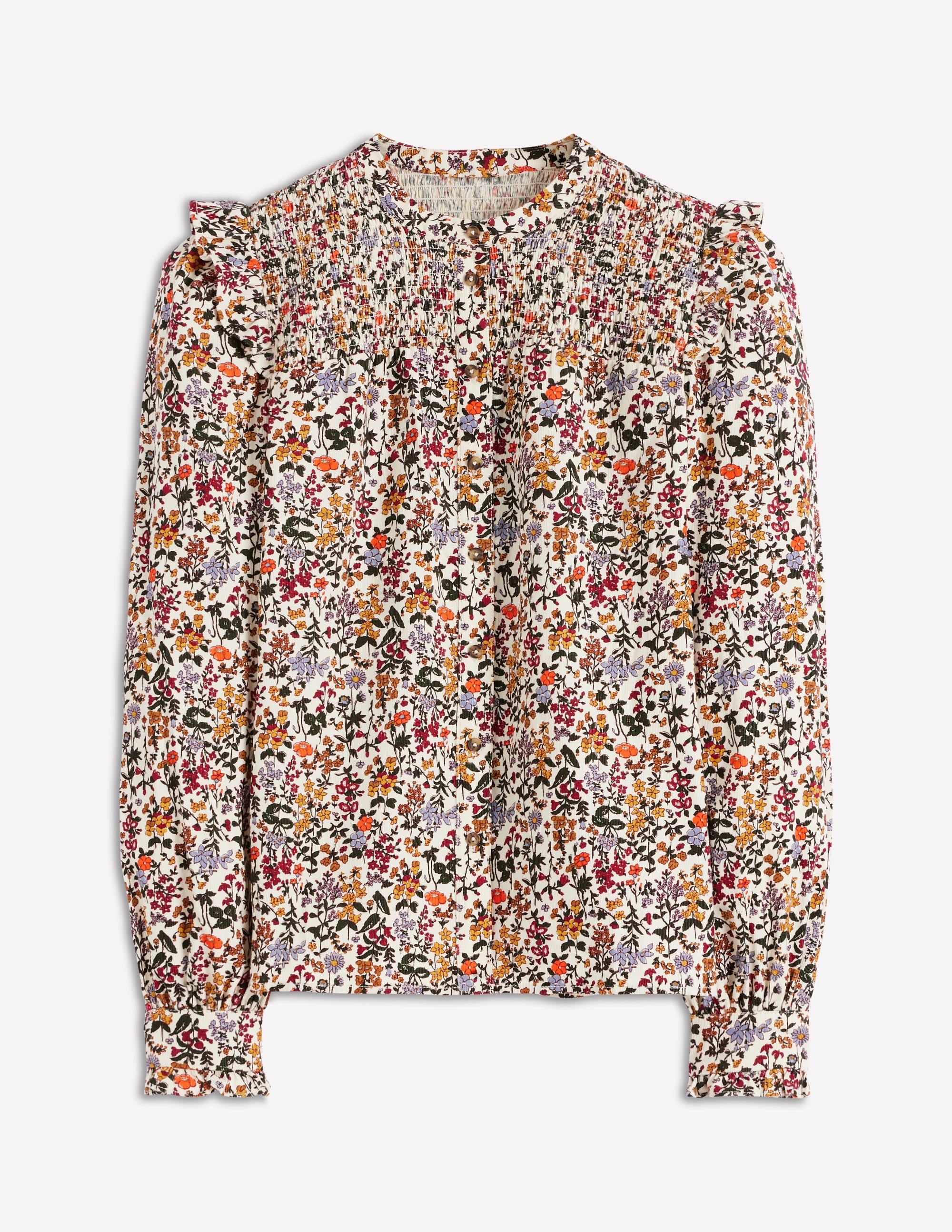 Smocked Yoke Cord Top-Ivory Floral