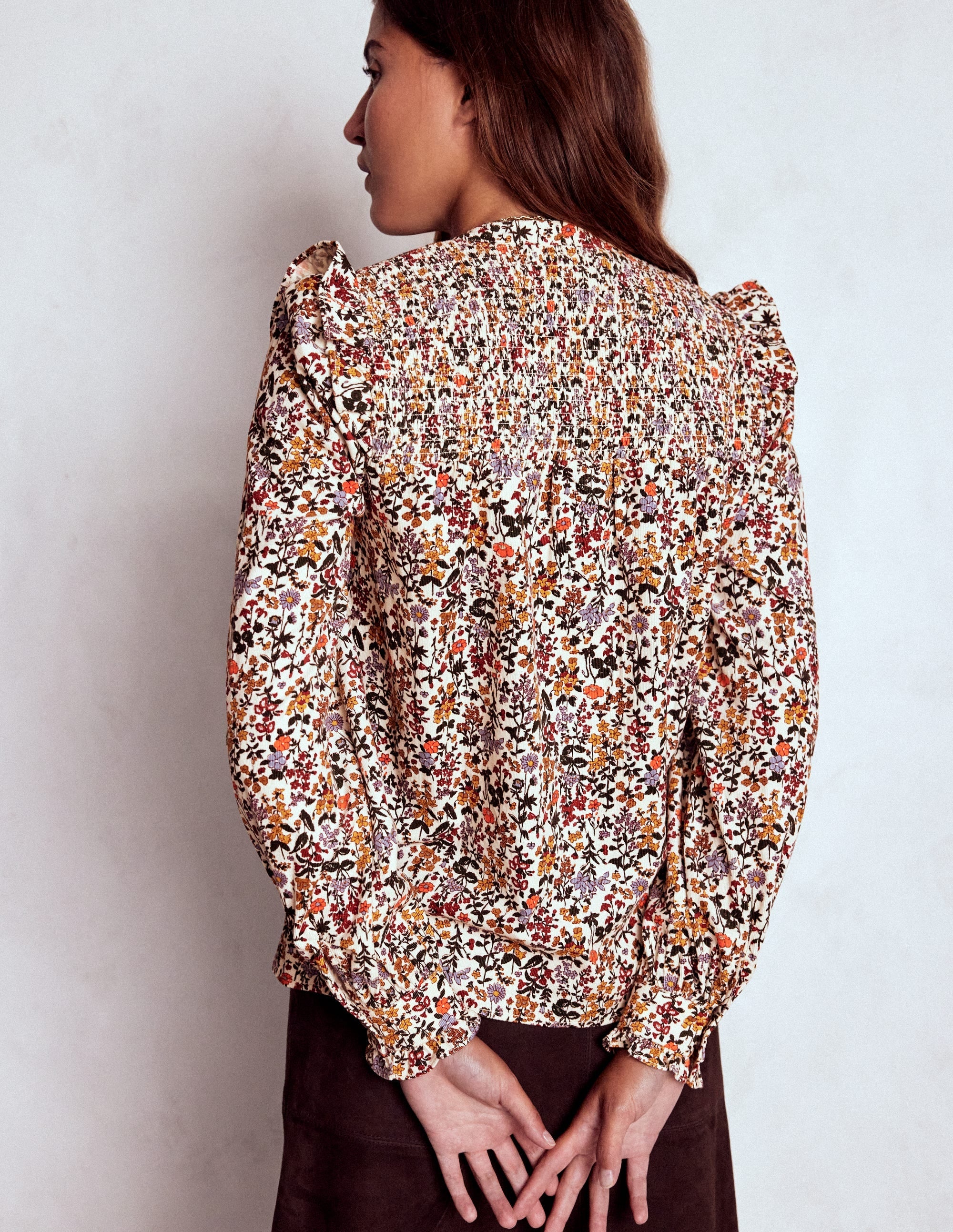 Smocked Yoke Cord Top-Ivory Floral