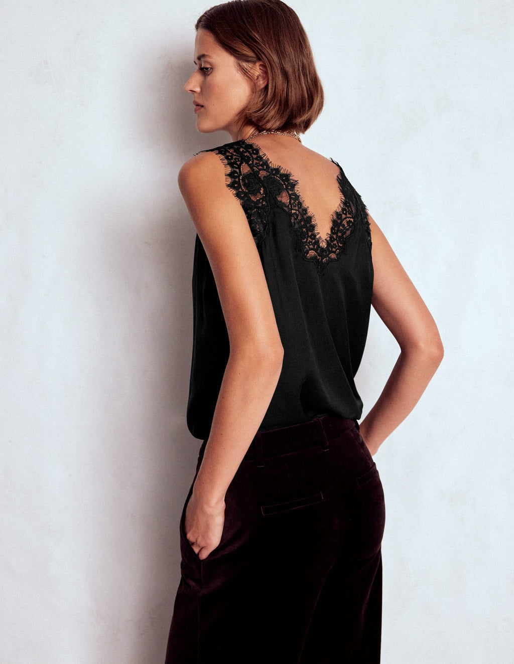 Silk-blend Lace Trim Cami Top-Black