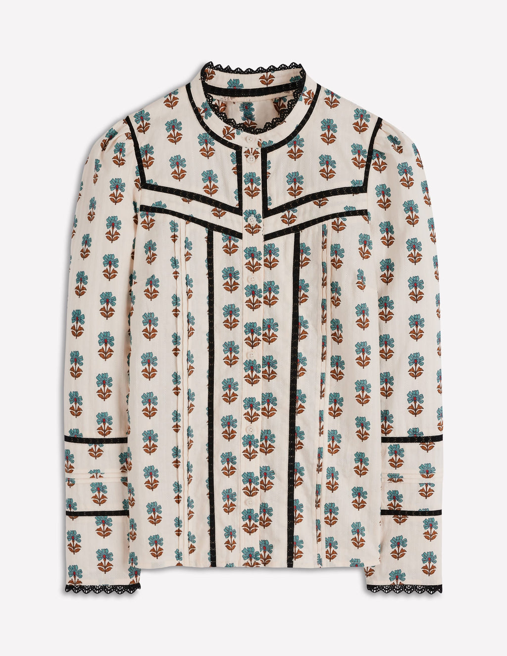 Cotton Lace Trim Top-Ivory, Woodblock Flower