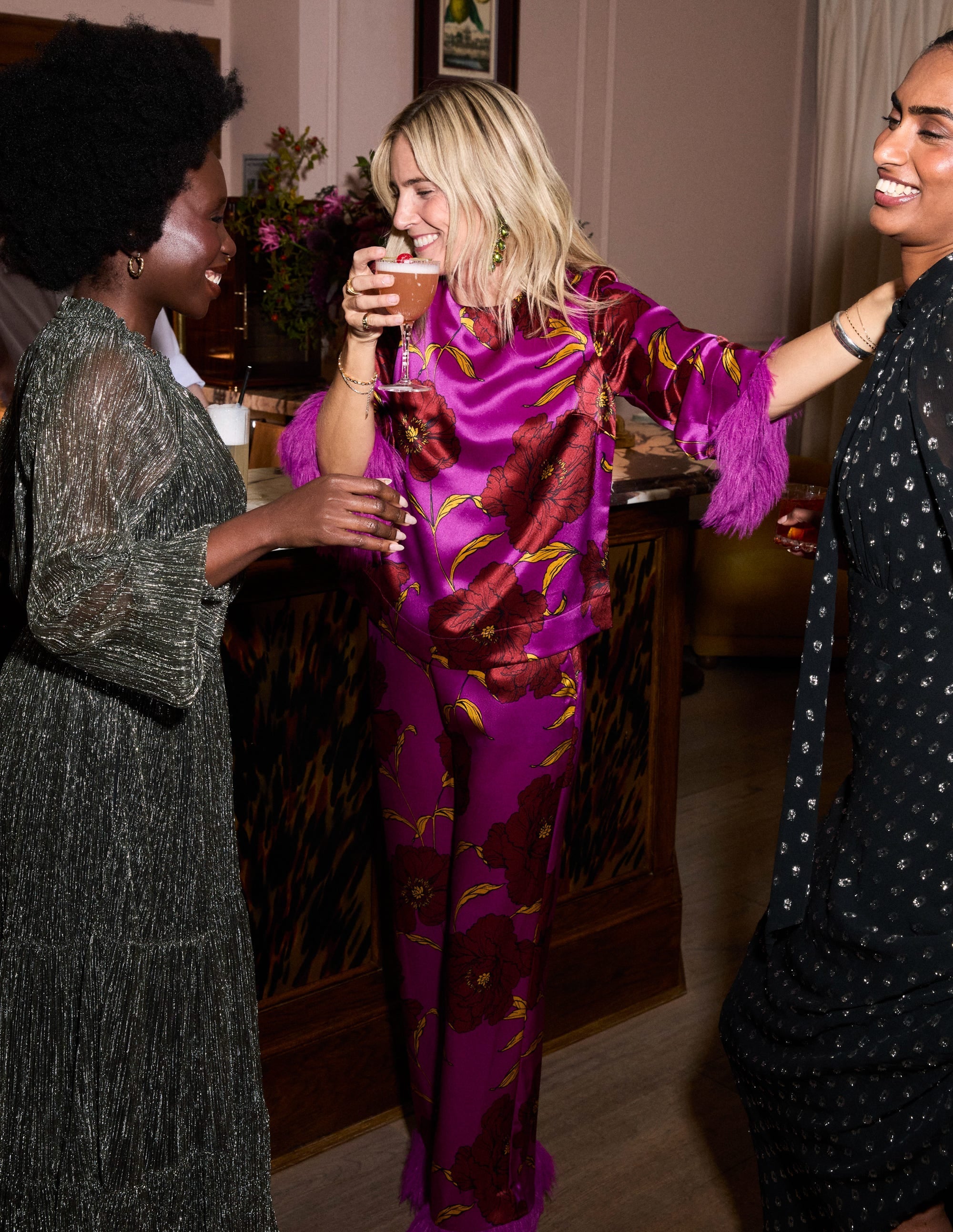 Faux Feather Trim Party Top-Purple Floral