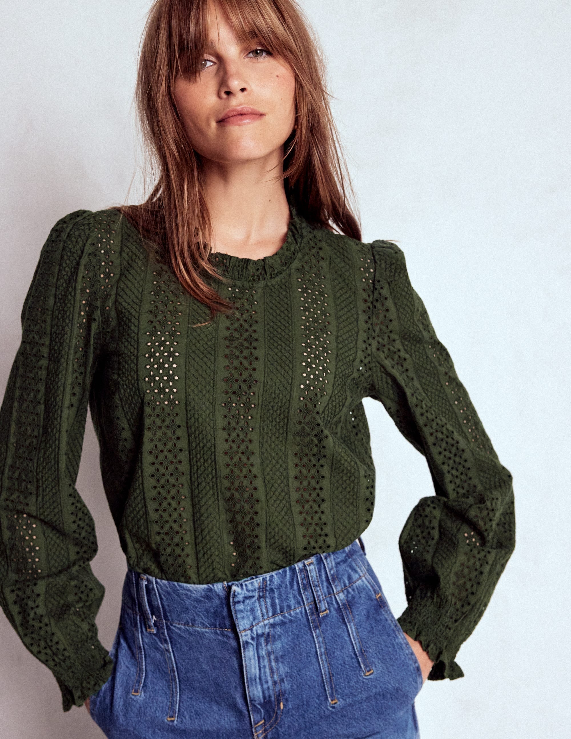 Frill Detail Broderie Top-Forest Glade