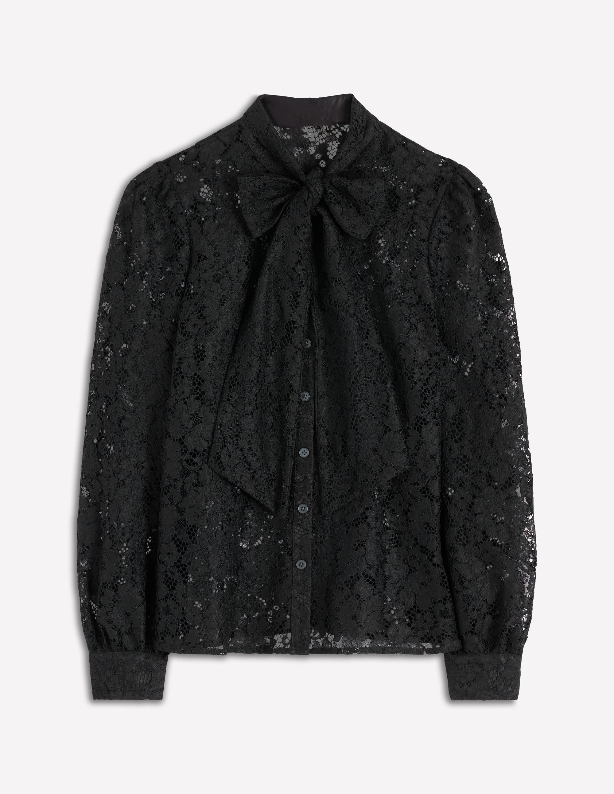 Lace Tie Neck Top-Black