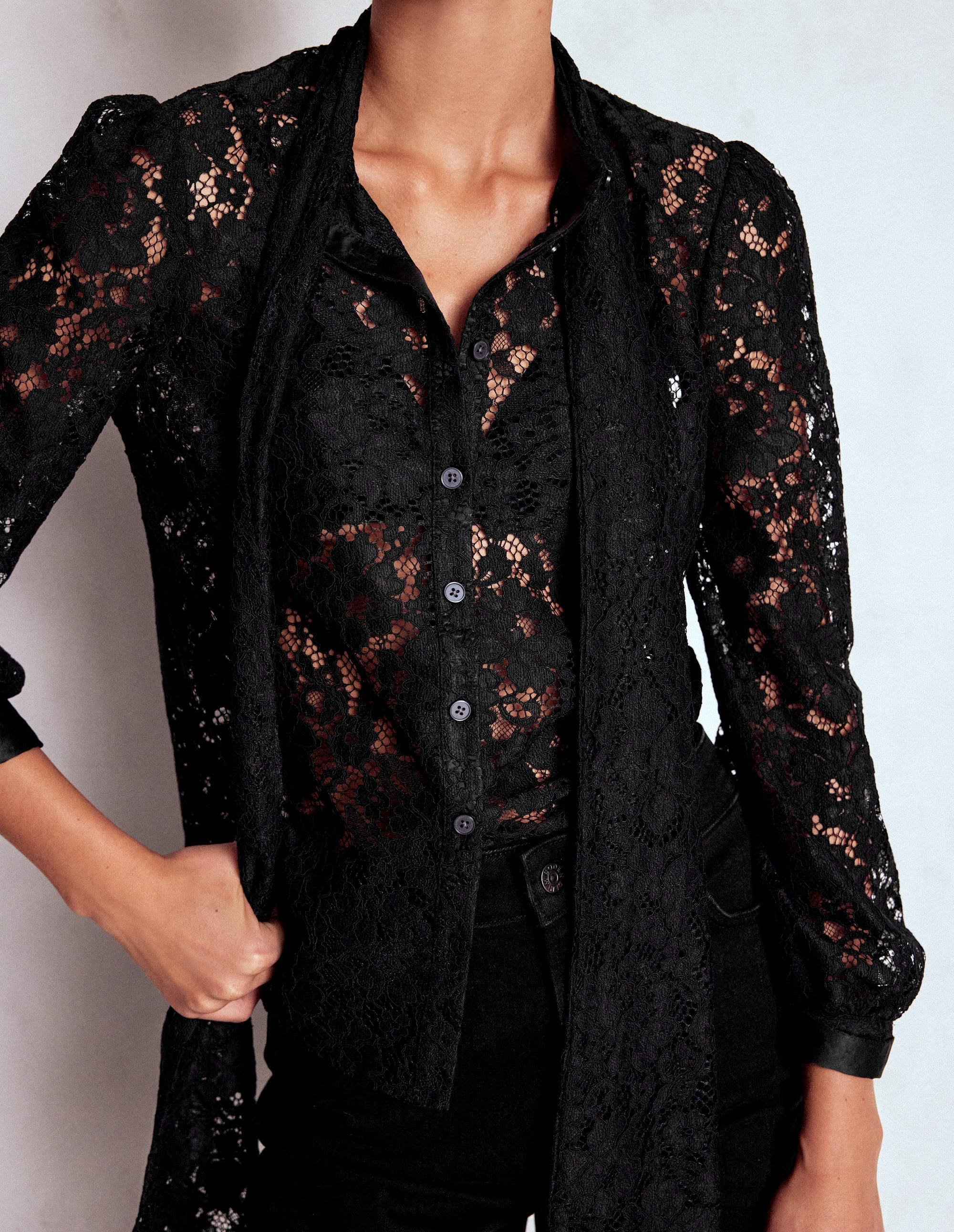 Lace Tie Neck Top-Black
