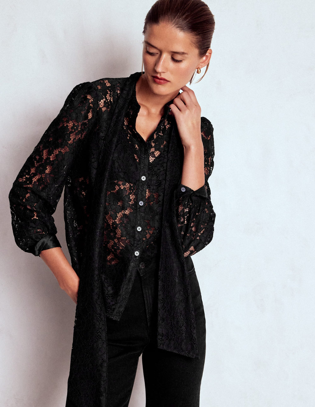 Lace Tie Neck Top-Black