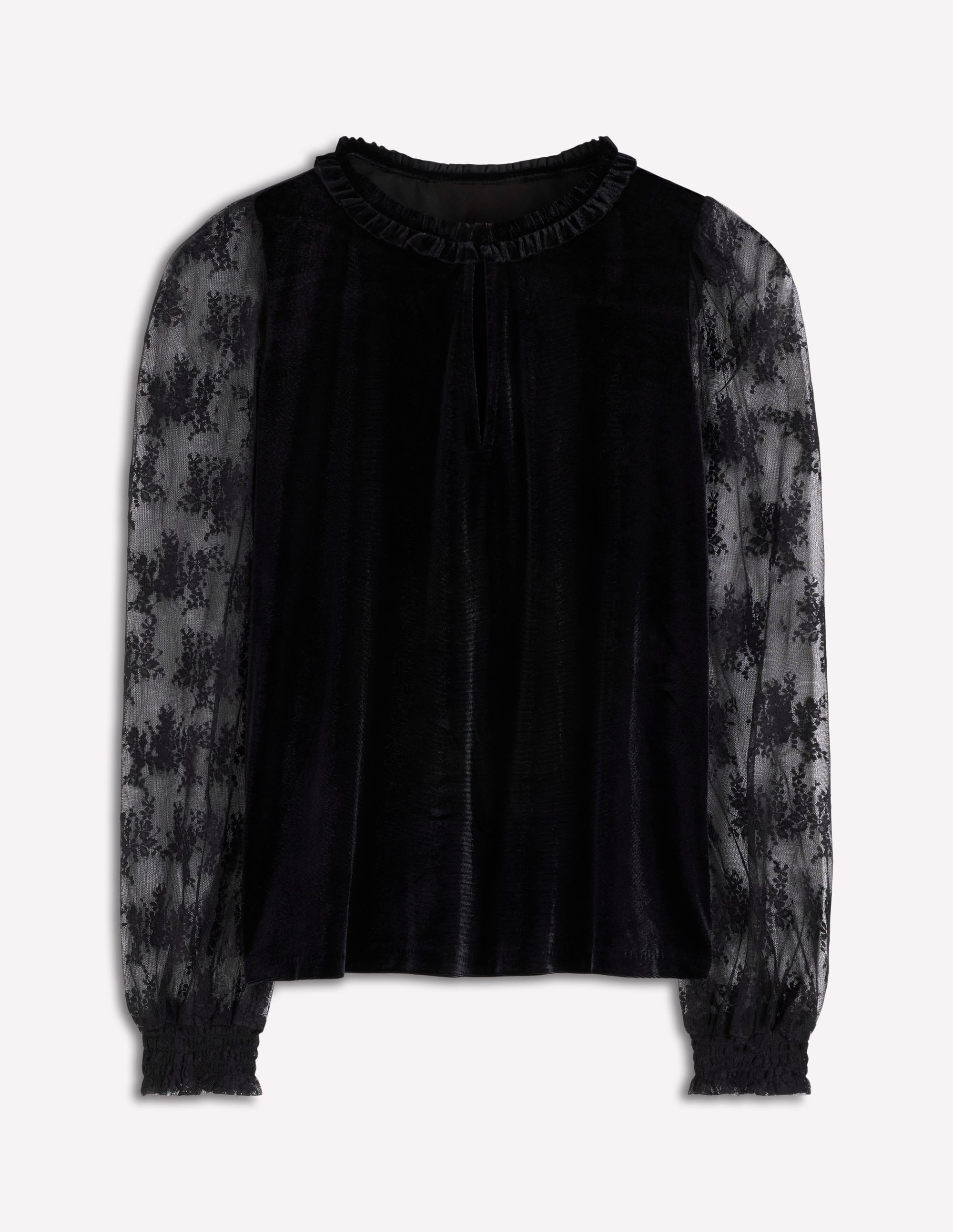 Mixed Media Puff Velvet Top-Black