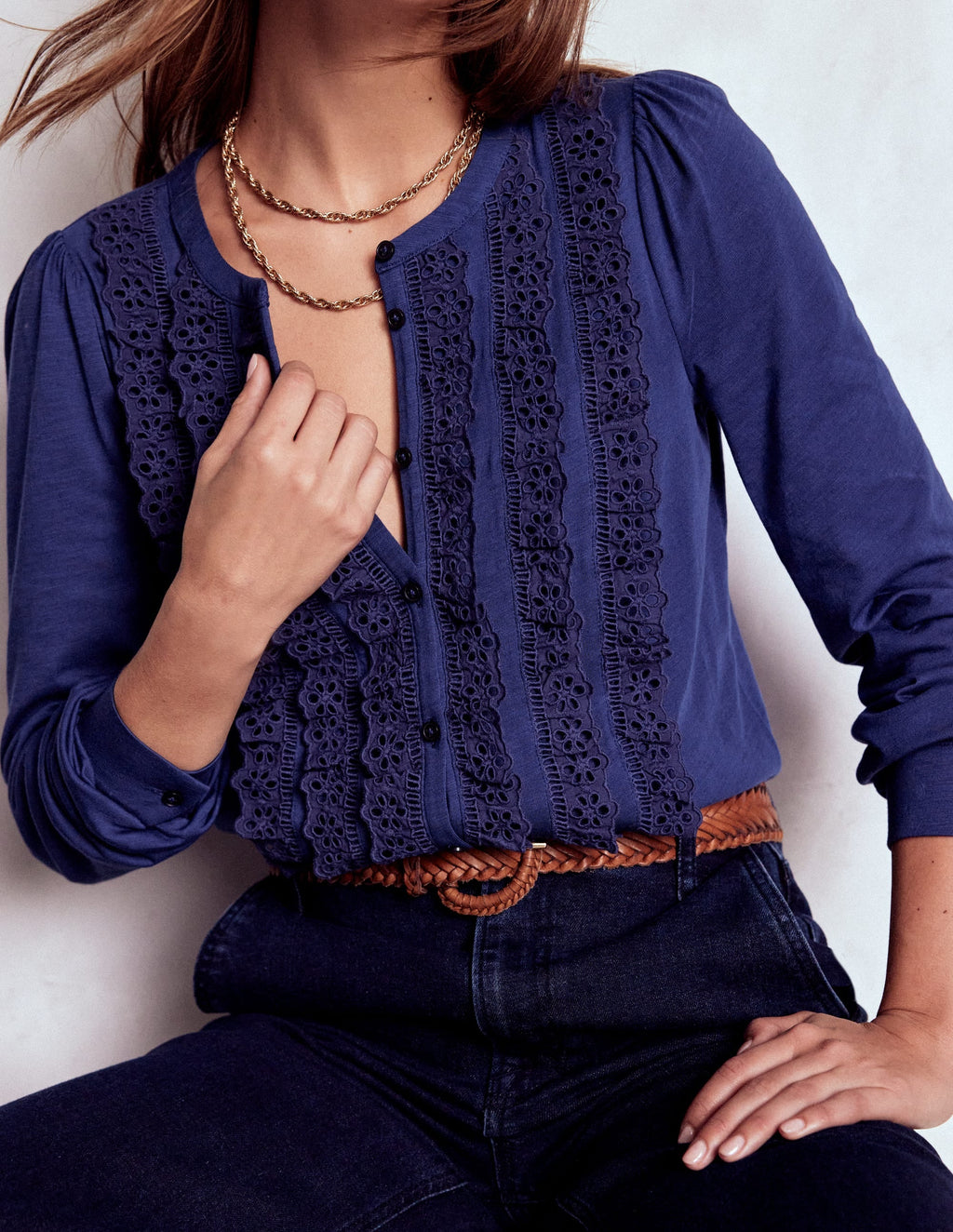 Broderie Ruffle Jersey Shirt-Starboard Blue