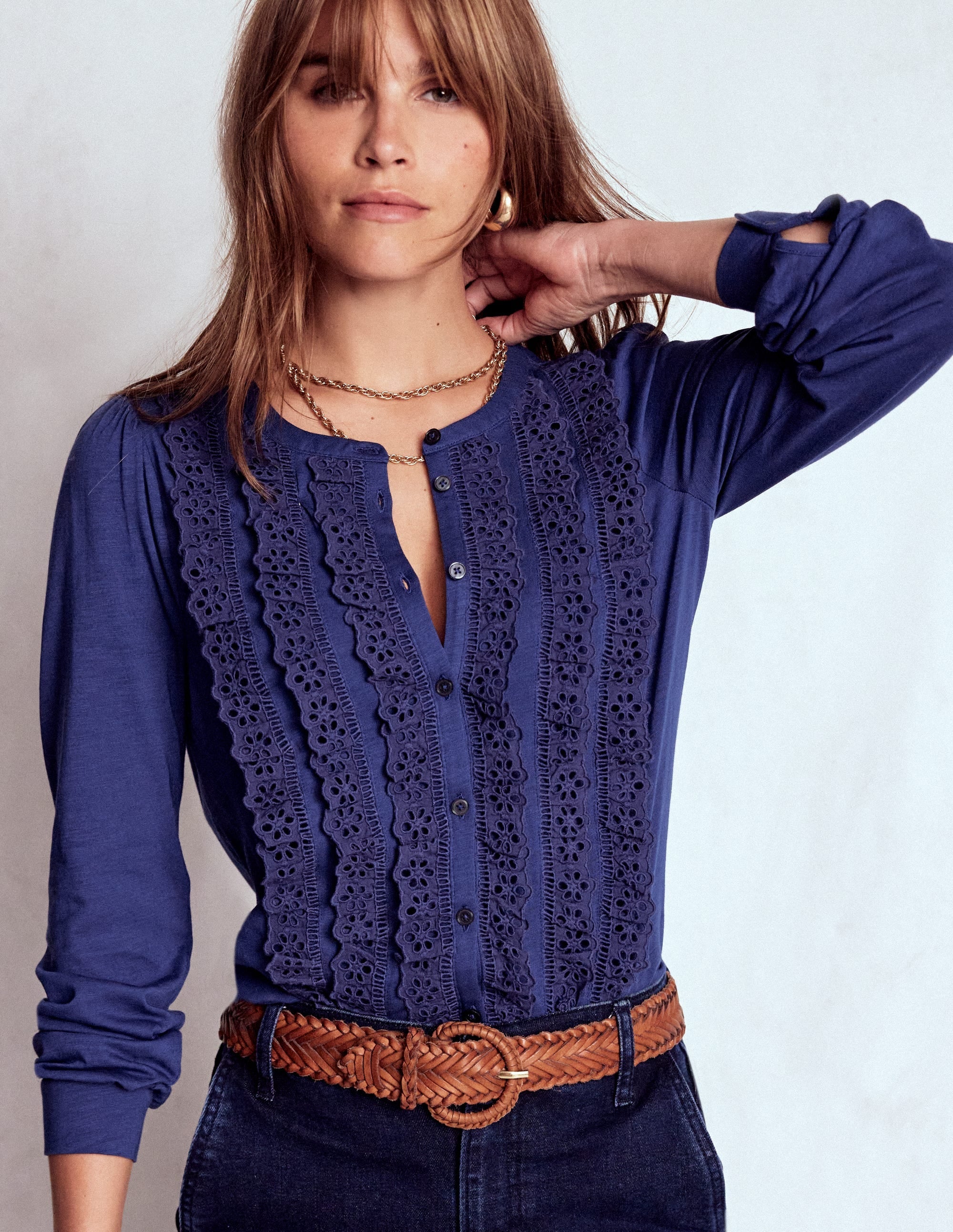 Broderie Ruffle Jersey Shirt-Starboard Blue
