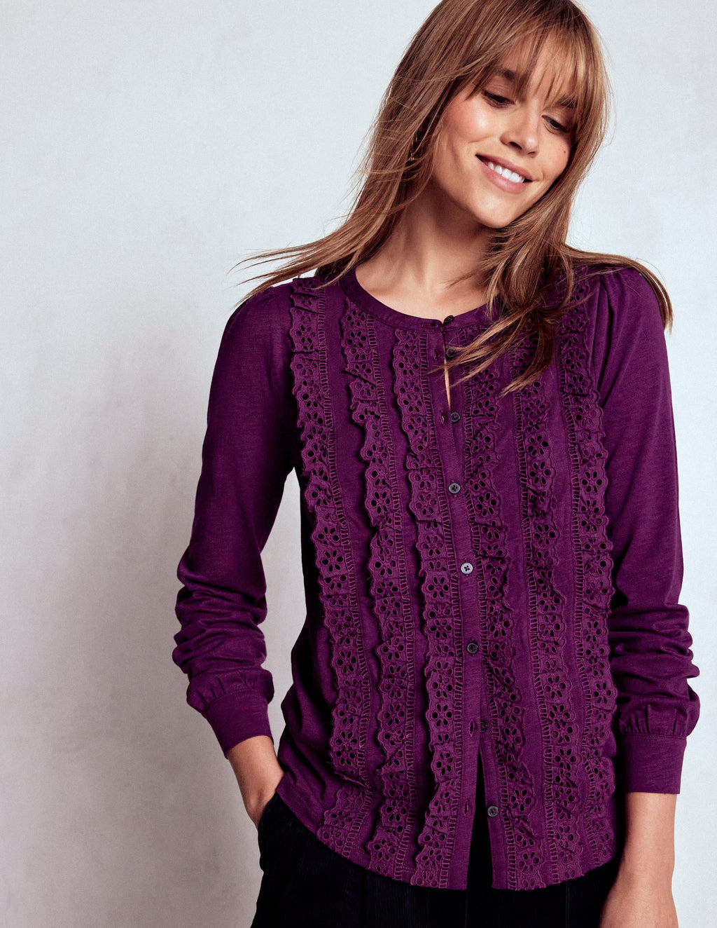 Broderie Ruffle Jersey Shirt-Plum Jam