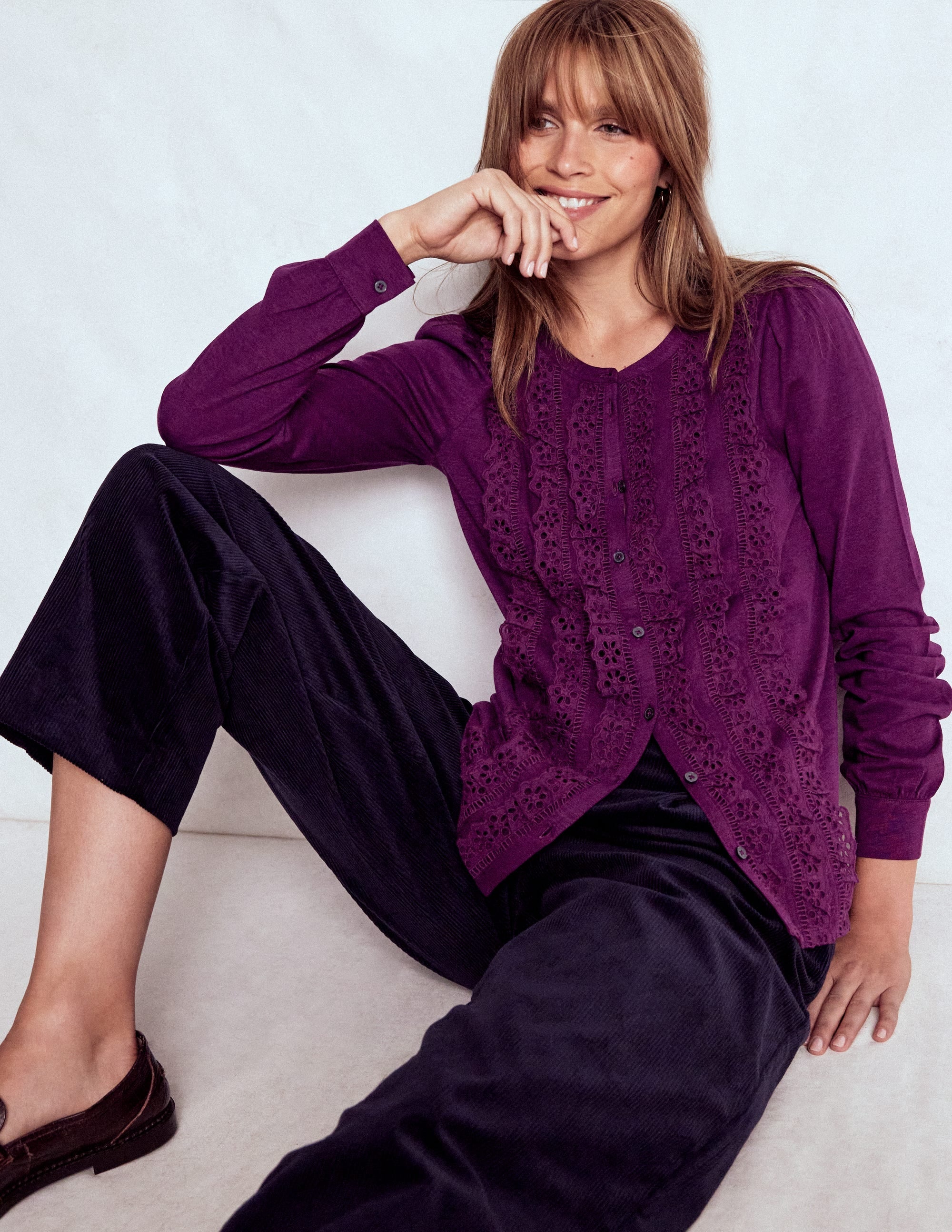 Broderie Ruffle Jersey Shirt-Plum Jam