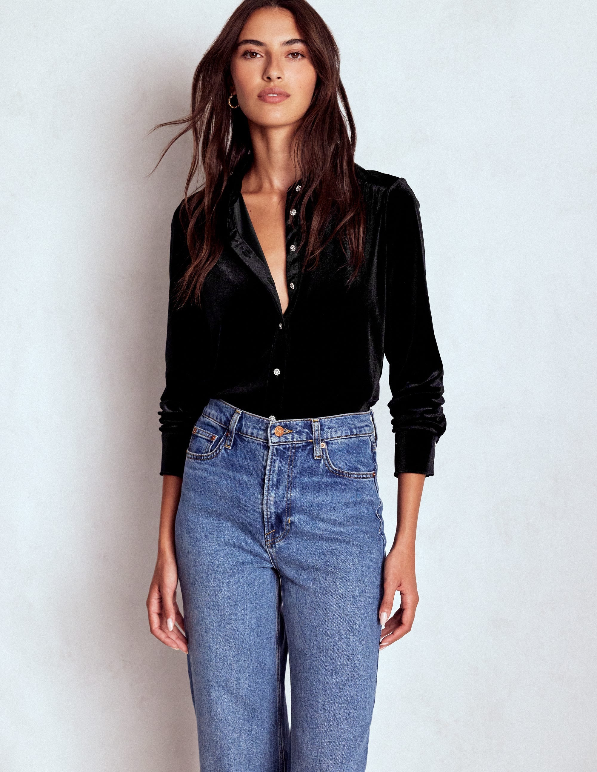 Jewel Button Velvet Shirt-Black