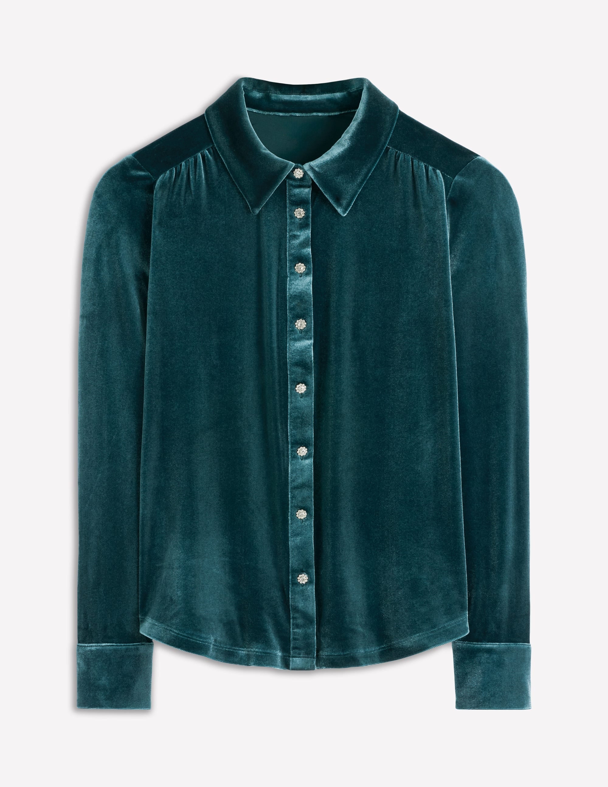 Jewel Button Velvet Shirt-Midnight Teal