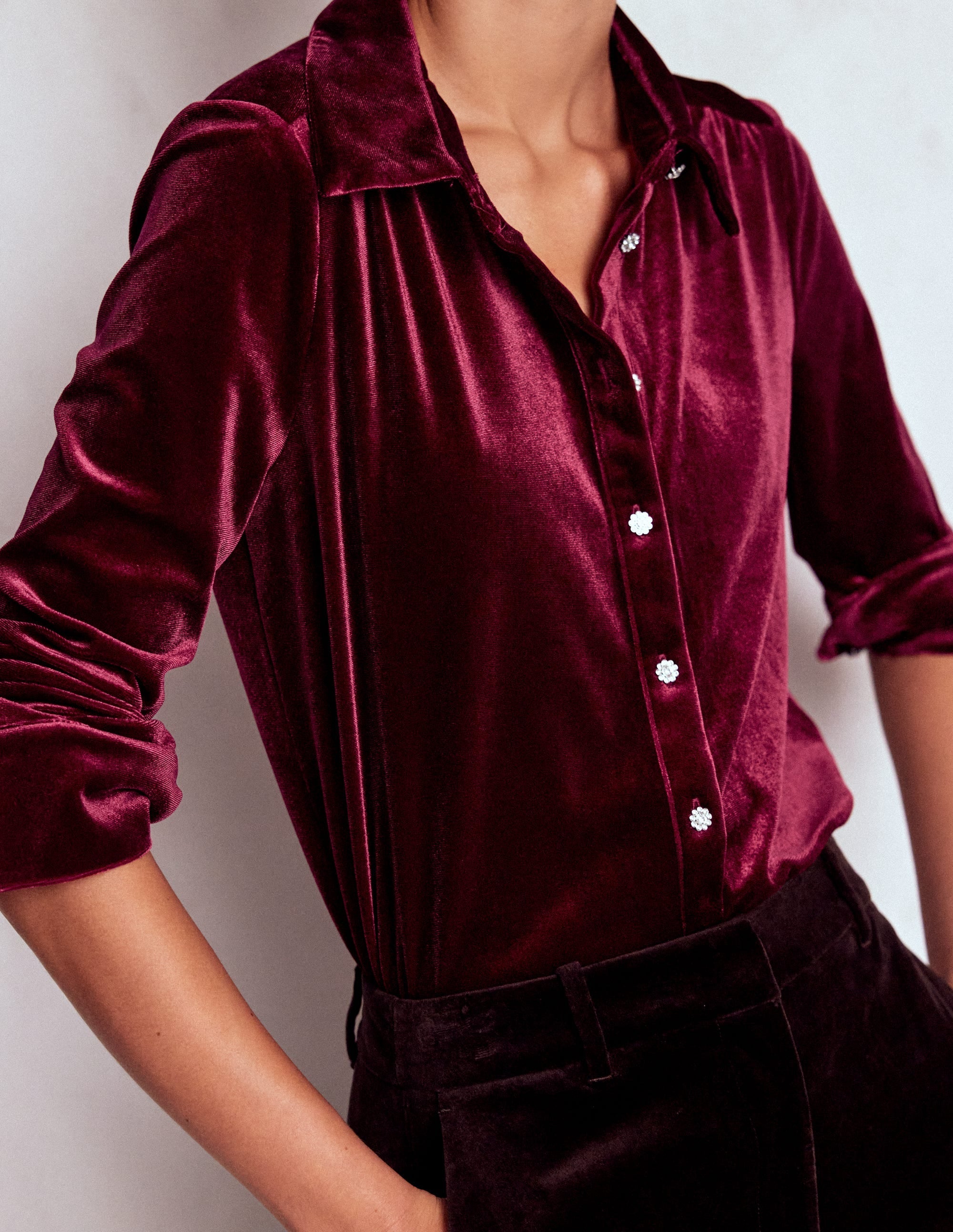 Jewel Button Velvet Shirt-Ruby Red